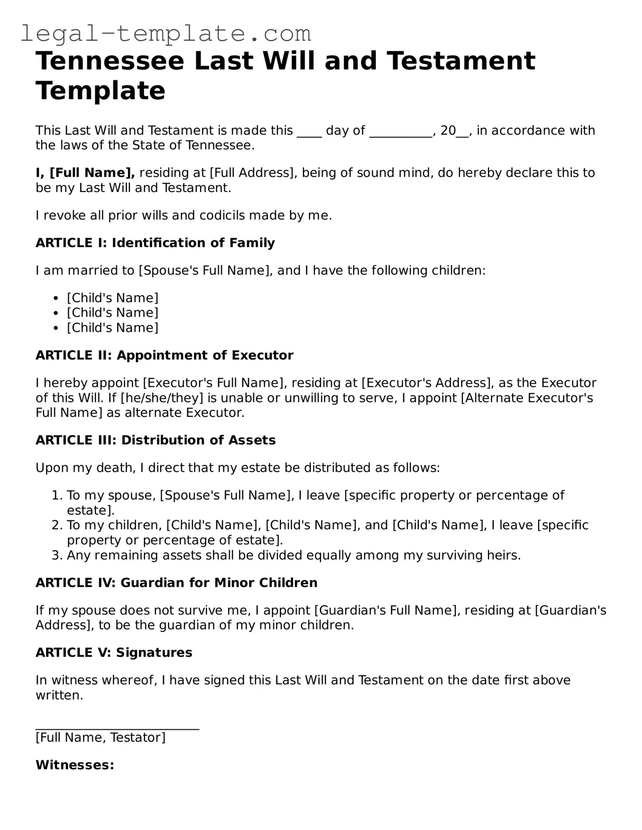 Last Will and Testament Form for Tennessee State