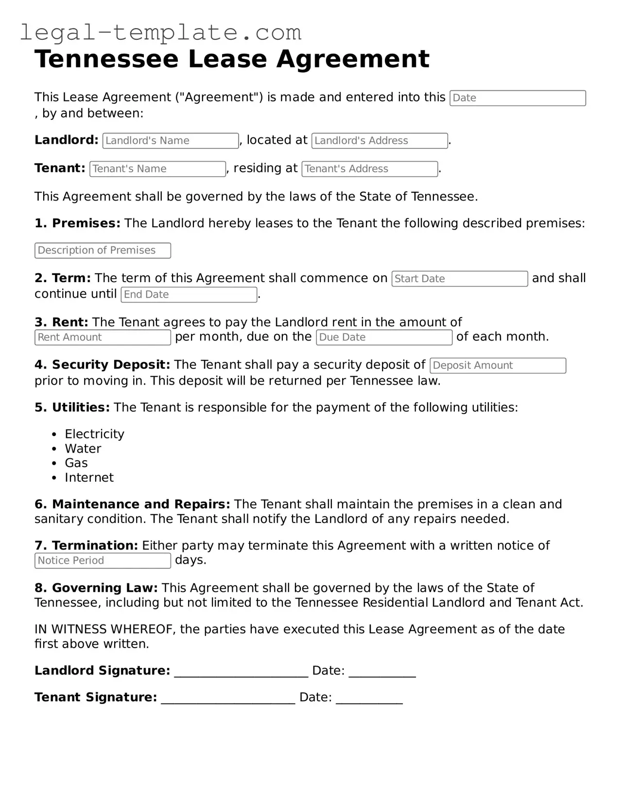 Lease Agreement Form for Tennessee State