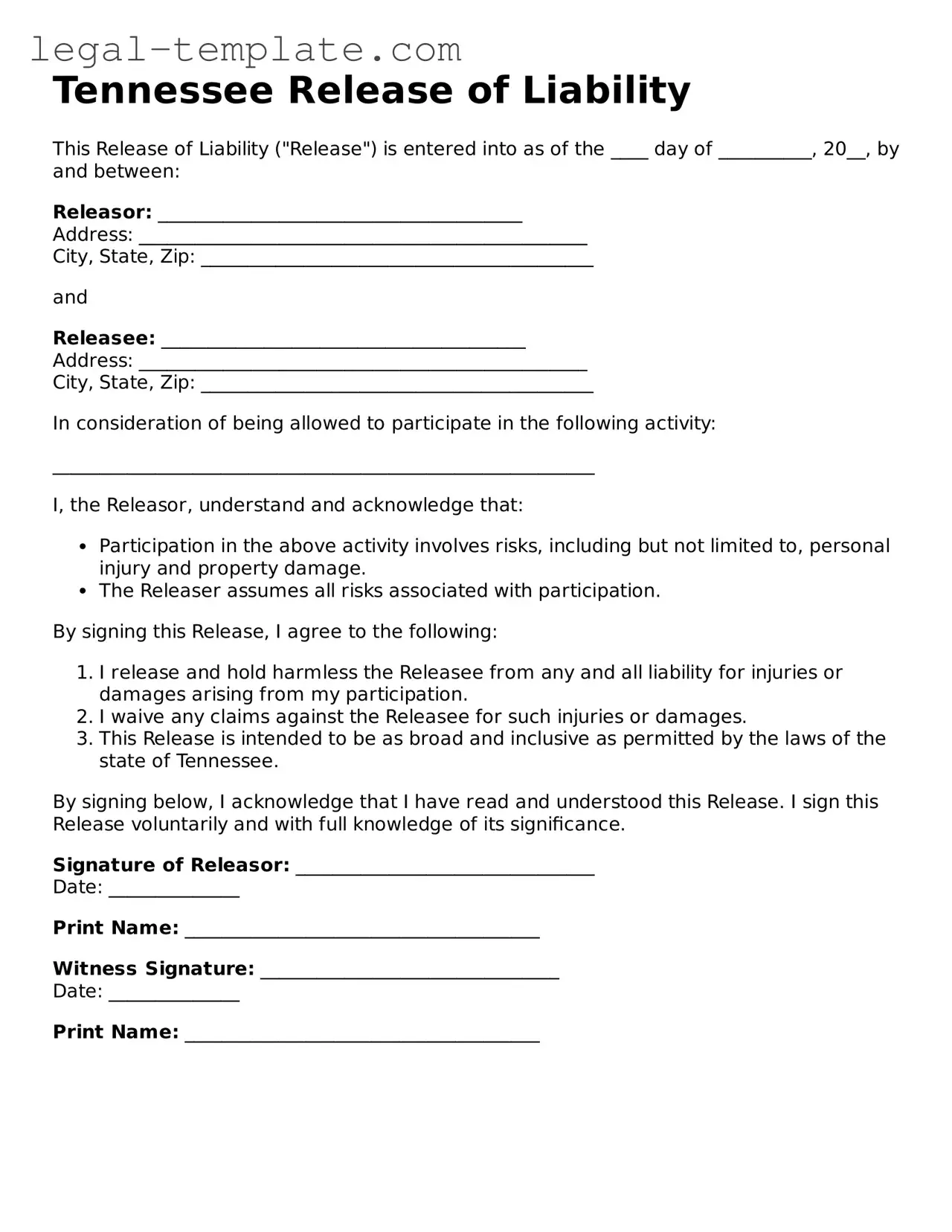 Release of Liability Form for Tennessee State