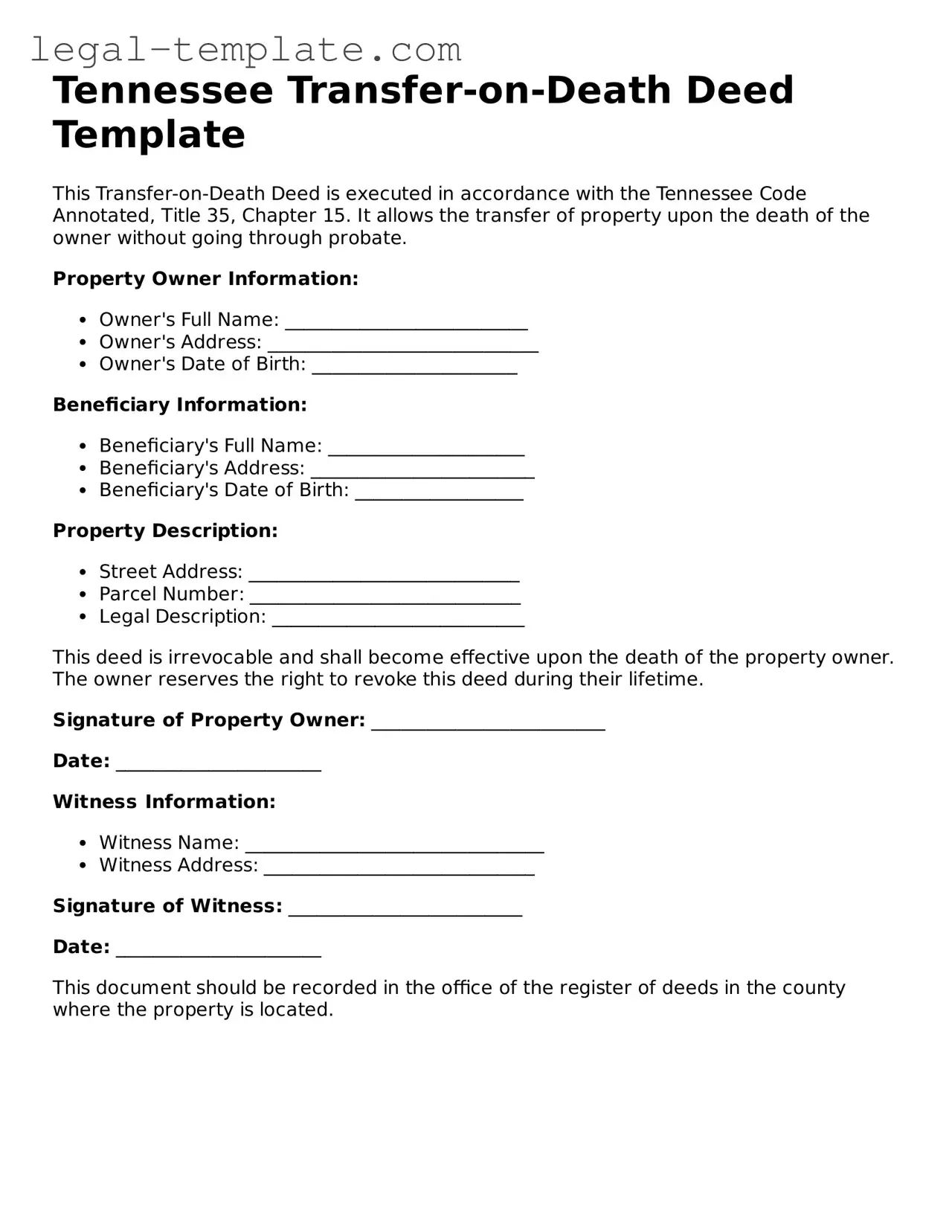 Transfer-on-Death Deed Form for Tennessee State