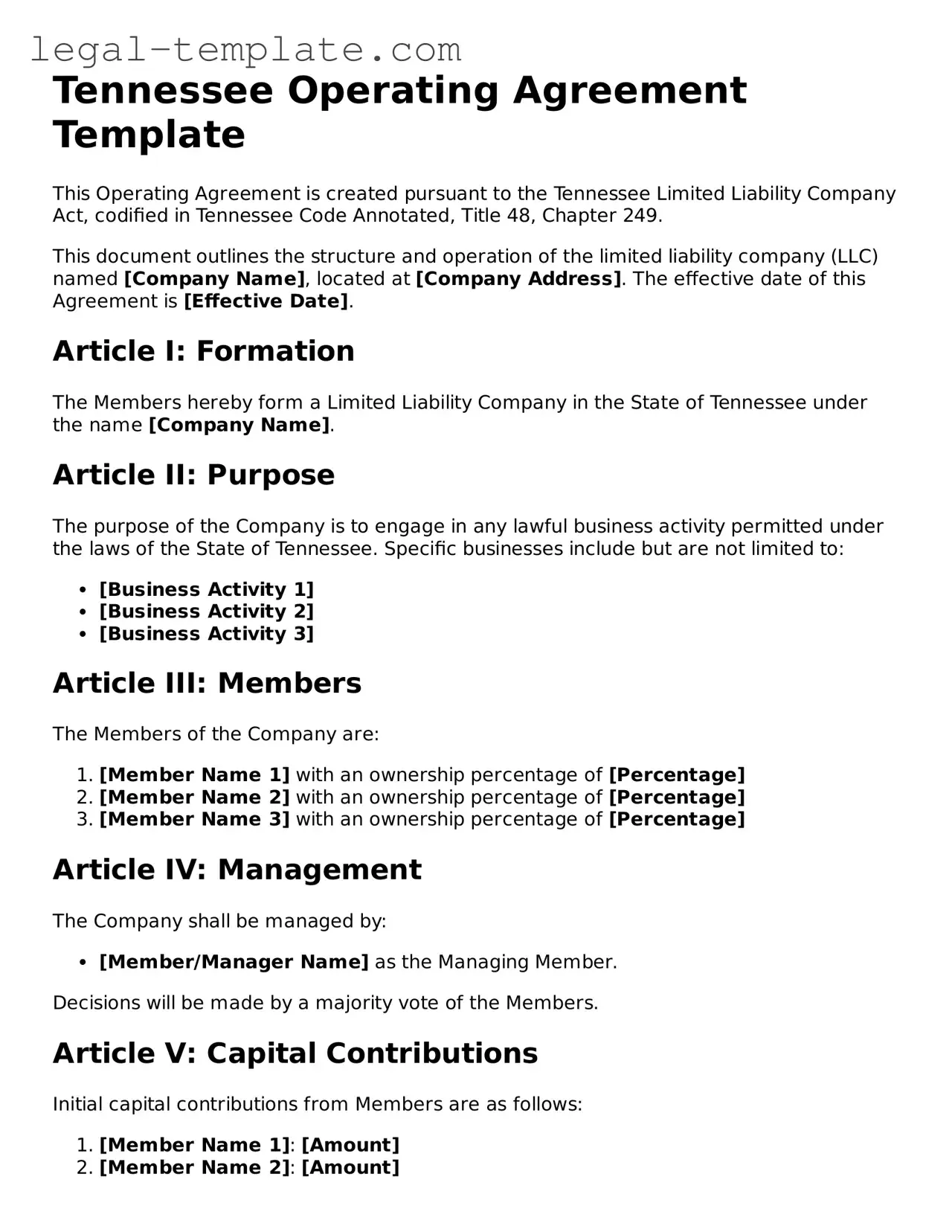 Operating Agreement Form for Tennessee State