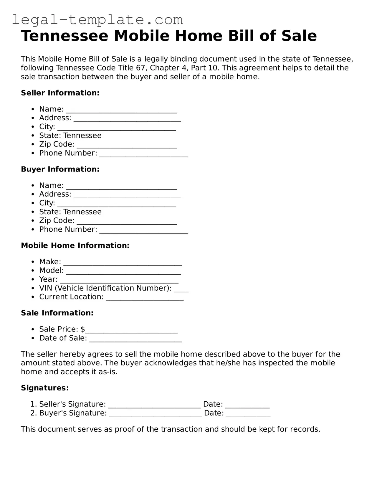 Mobile Home Bill of Sale Form for Tennessee State