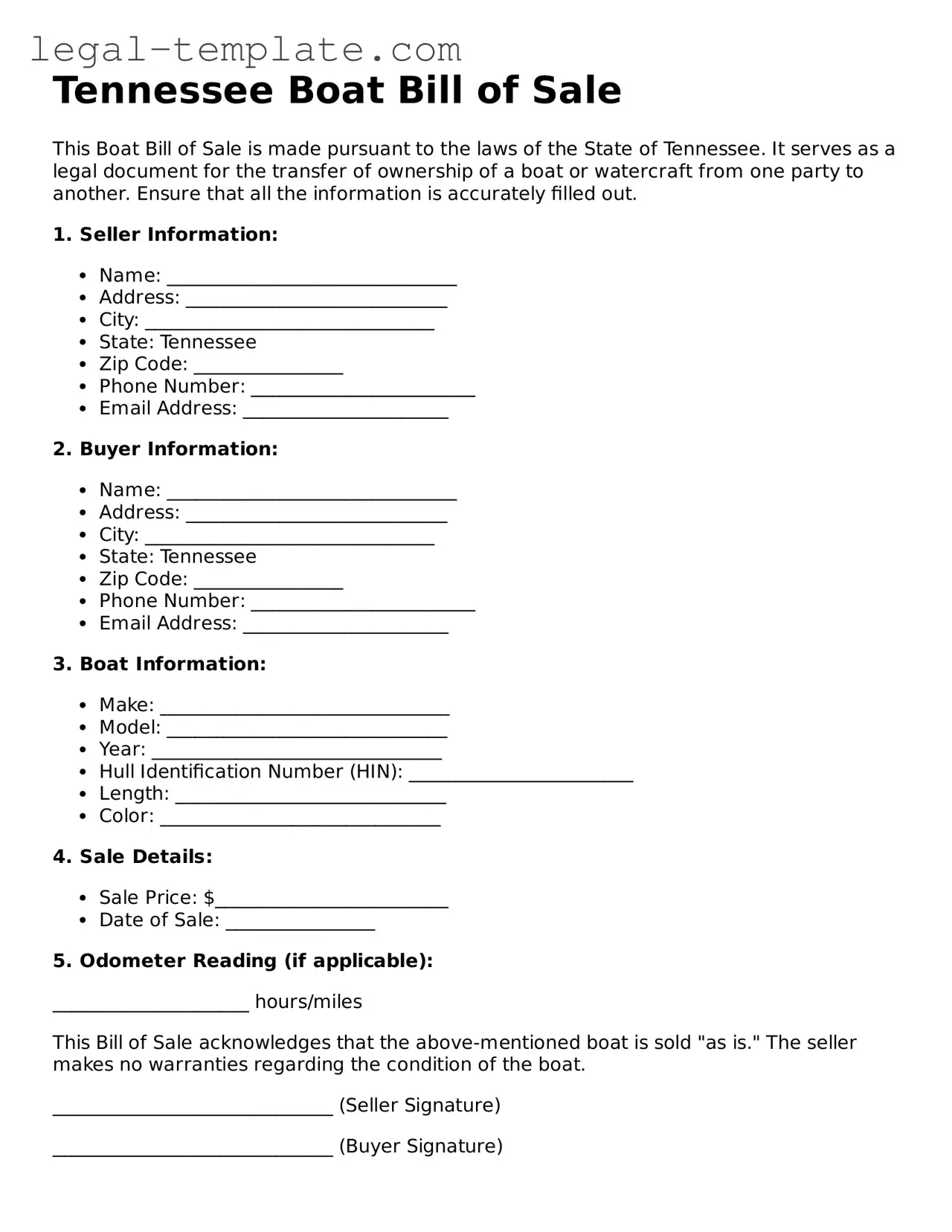 Boat Bill of Sale Form for Tennessee State