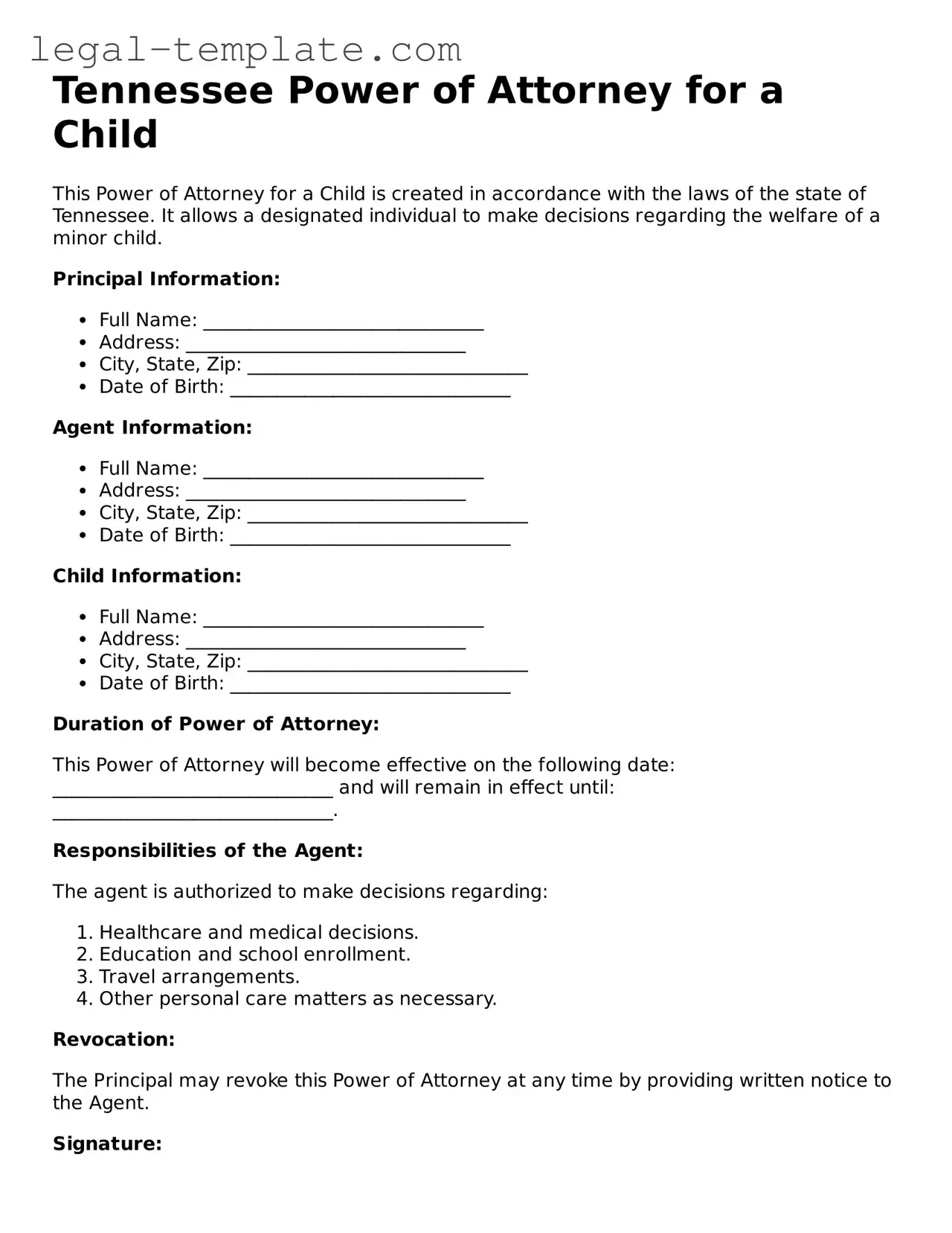 Power of Attorney for a Child Form for Tennessee State