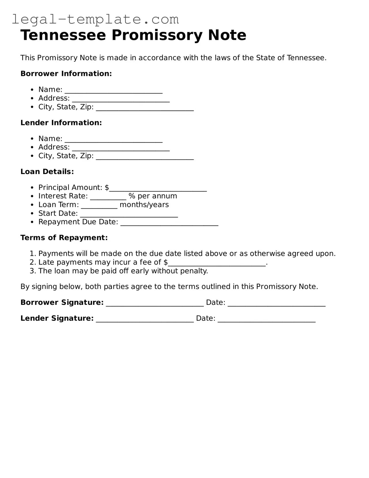 Promissory Note Form for Tennessee State