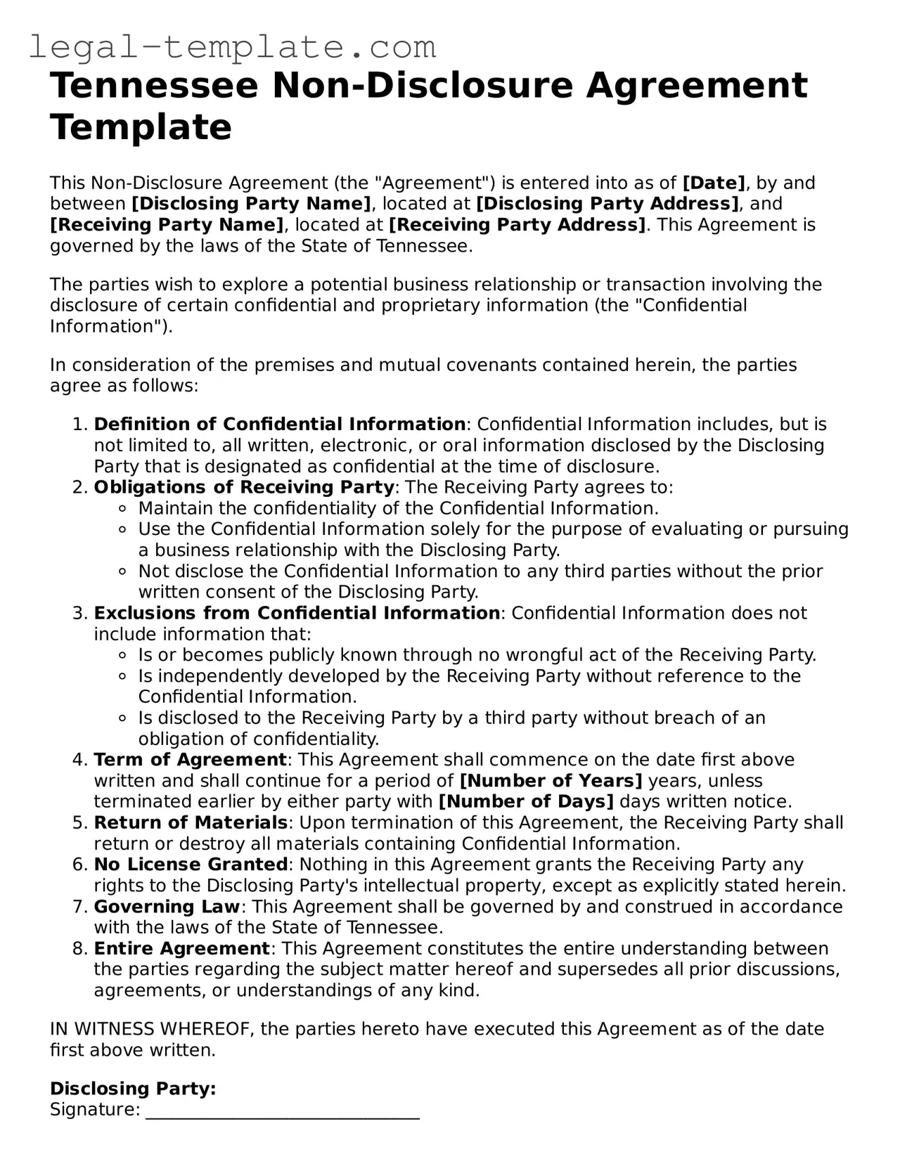 Non-disclosure Agreement Form for Tennessee State