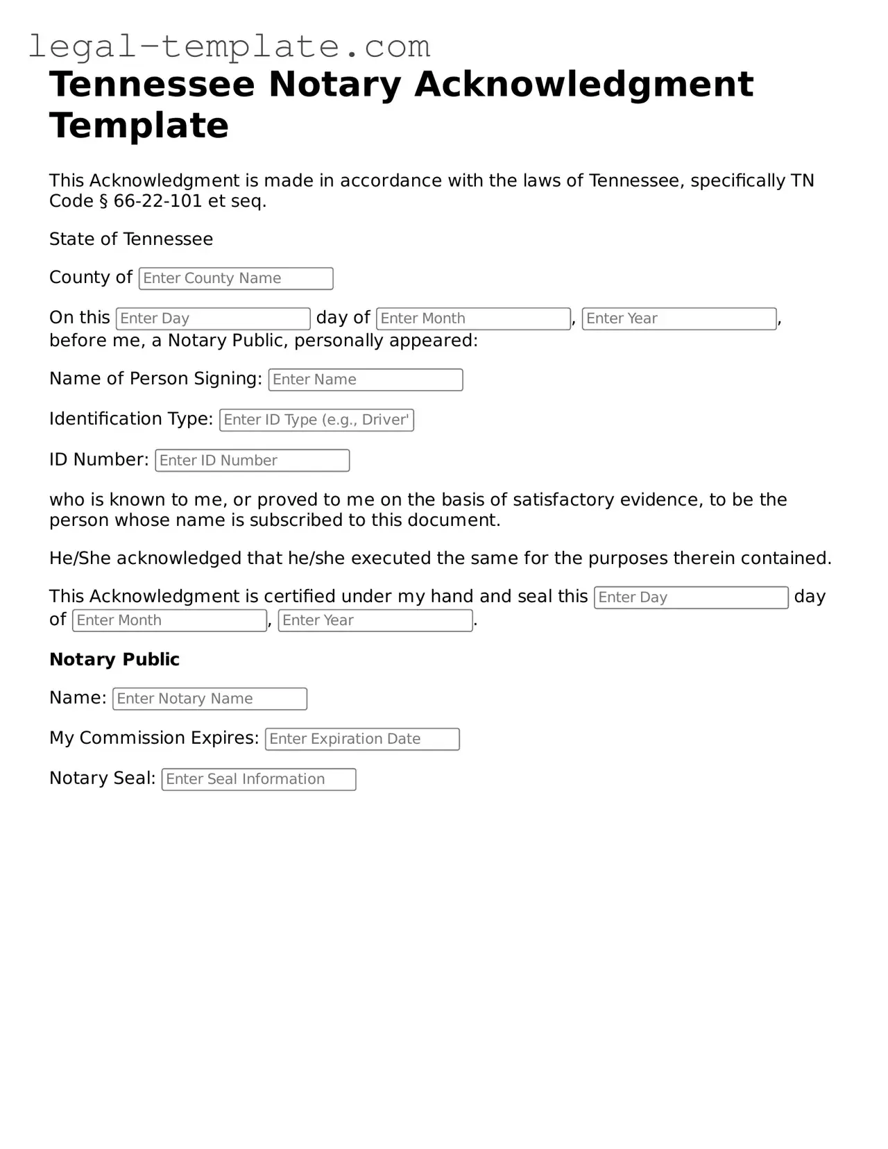 Notary Acknowledgement Form for Tennessee State