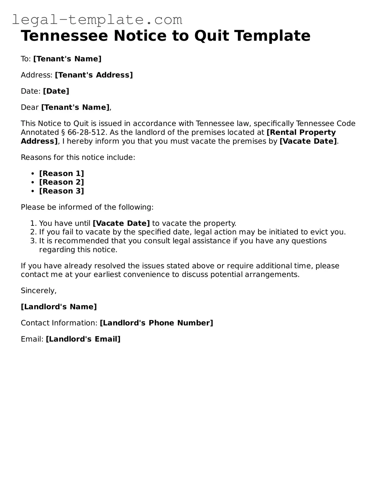 Notice to Quit Form for Tennessee State