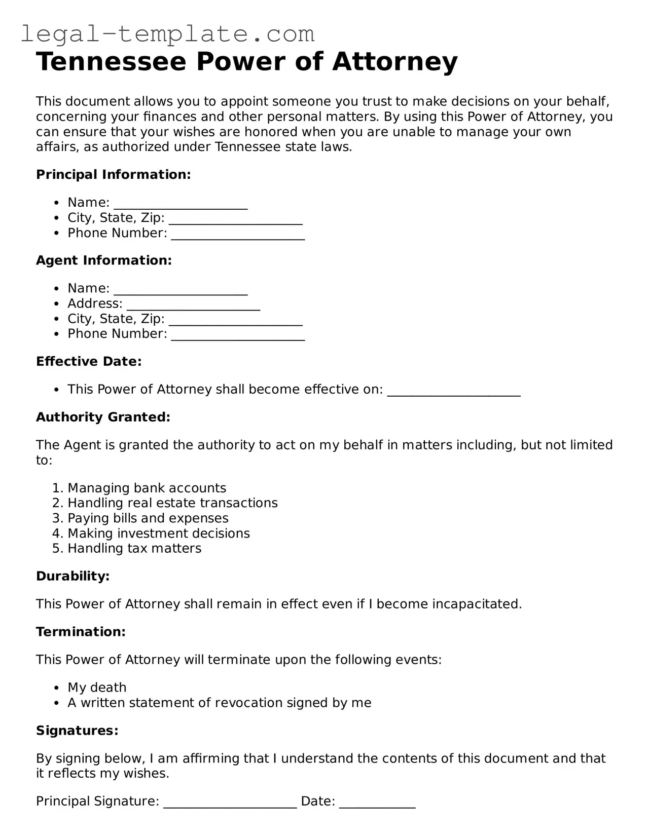 Power of Attorney Form for Tennessee State