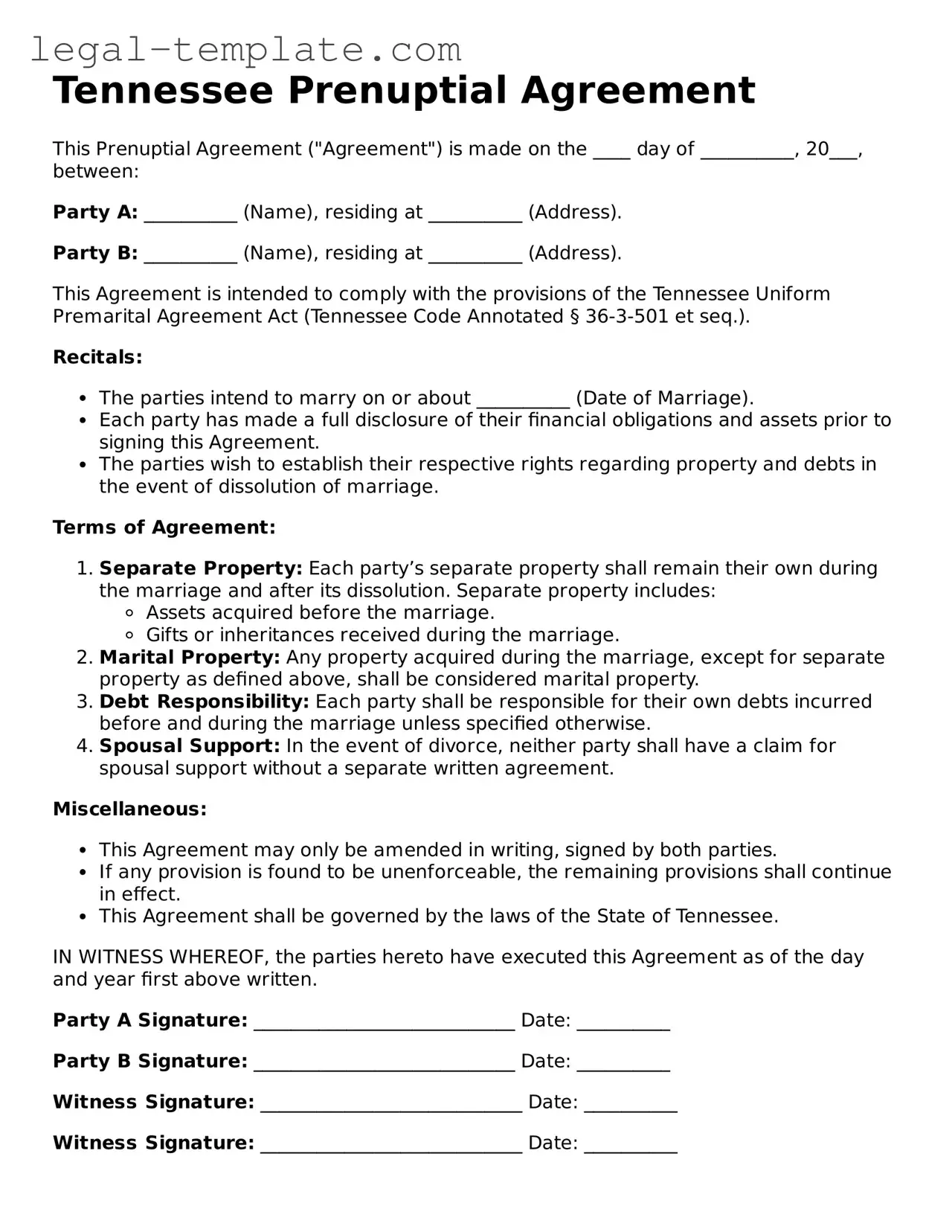 Prenuptial Agreement Form for Tennessee State