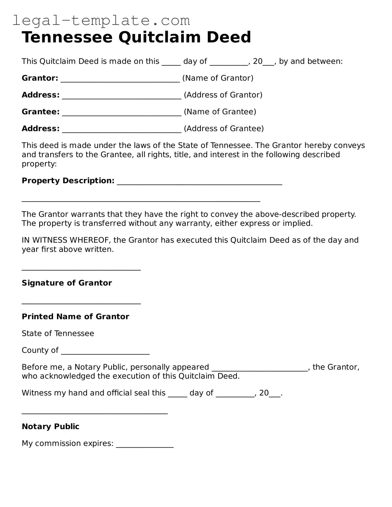 Quitclaim Deed Form for Tennessee State