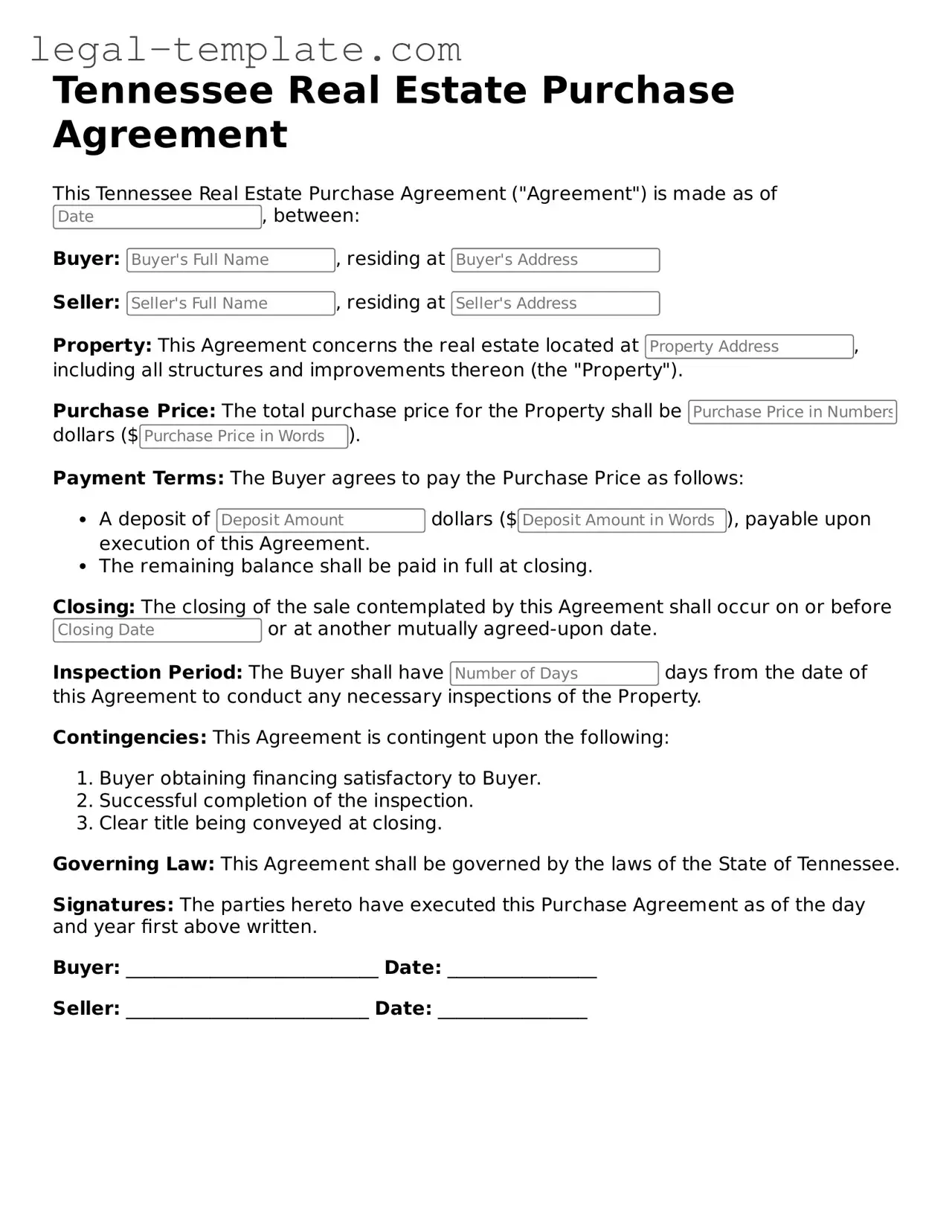 Real Estate Purchase Agreement Form for Tennessee State