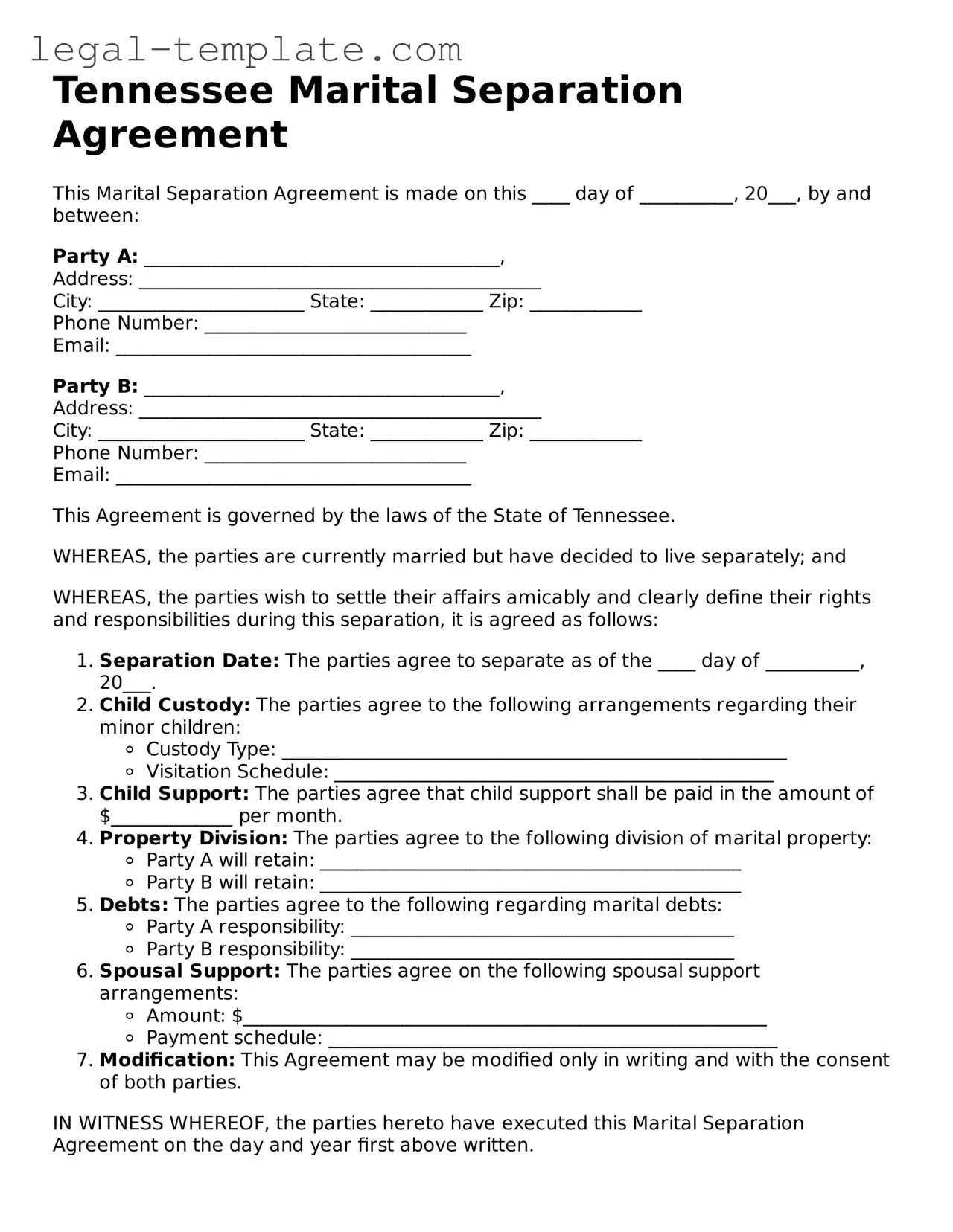 Marital Separation Agreement Form for Tennessee State