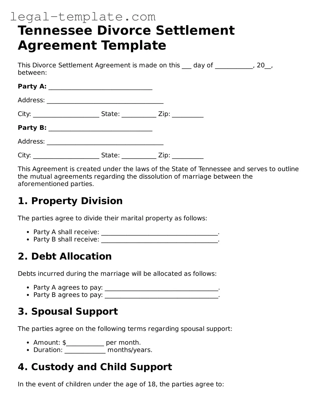 Divorce Settlement Agreement Form for Tennessee State