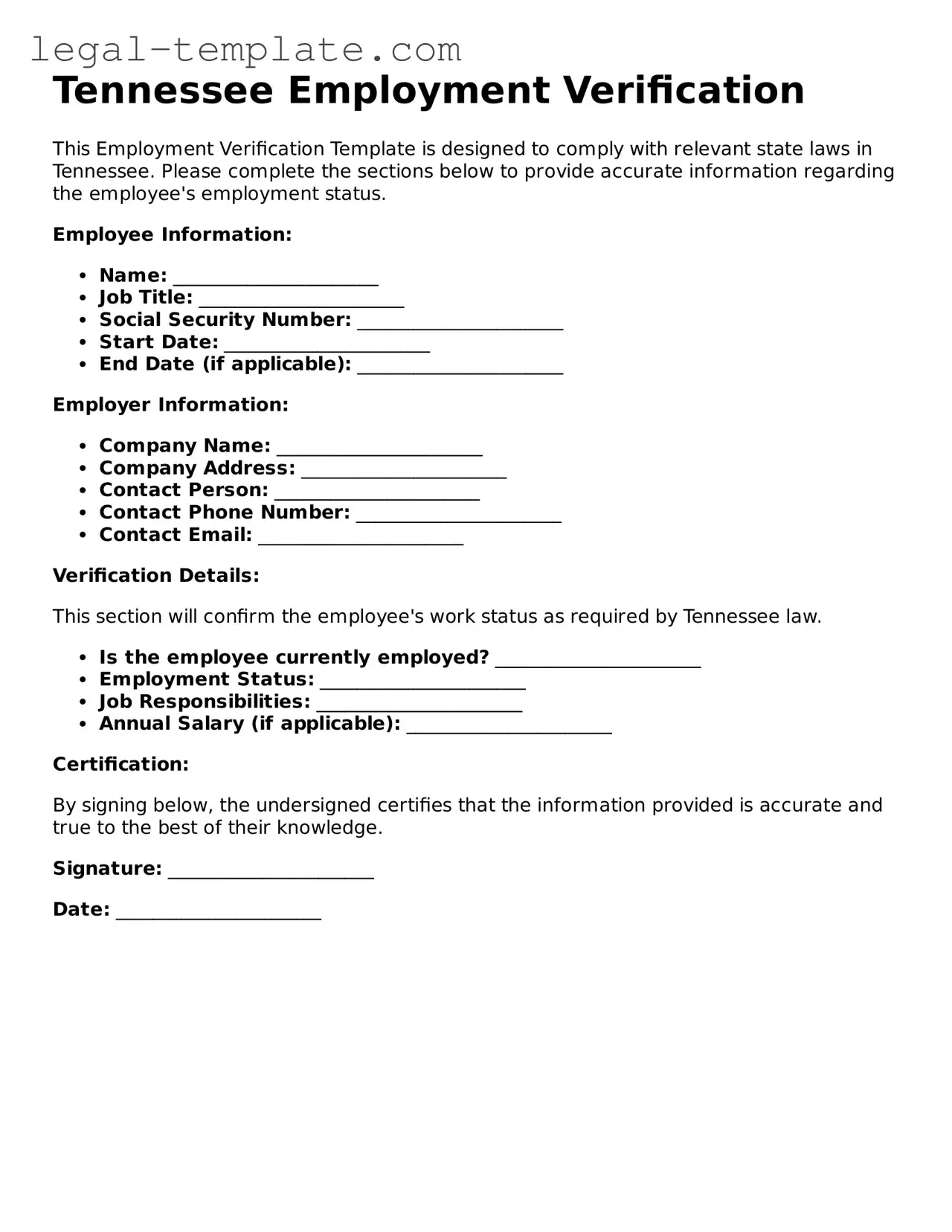 Employment Verification Form for Tennessee State