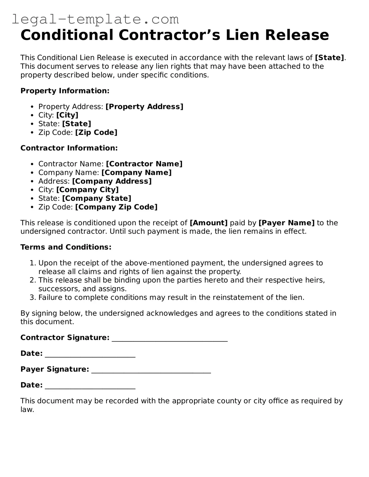 Printable Conditional Contractor’s Lien Release Template