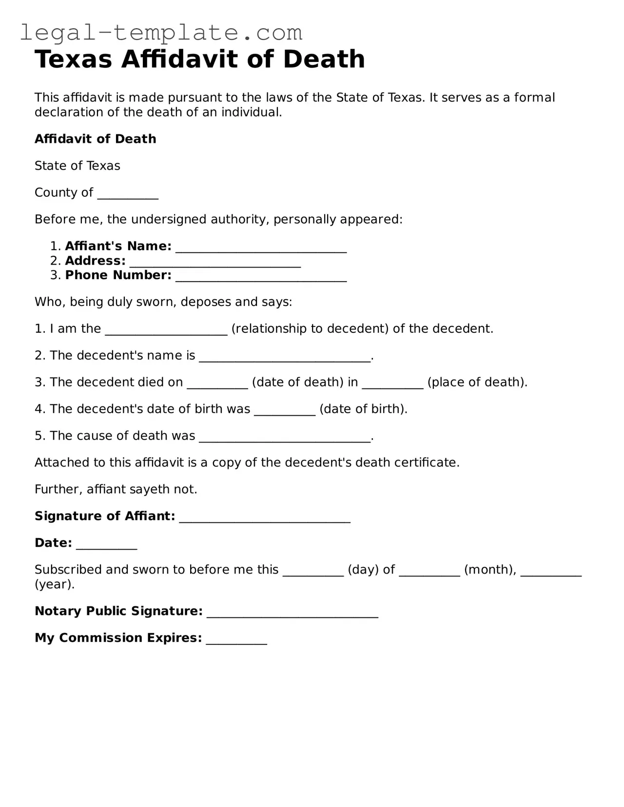Affidavit of Death Form for Texas State