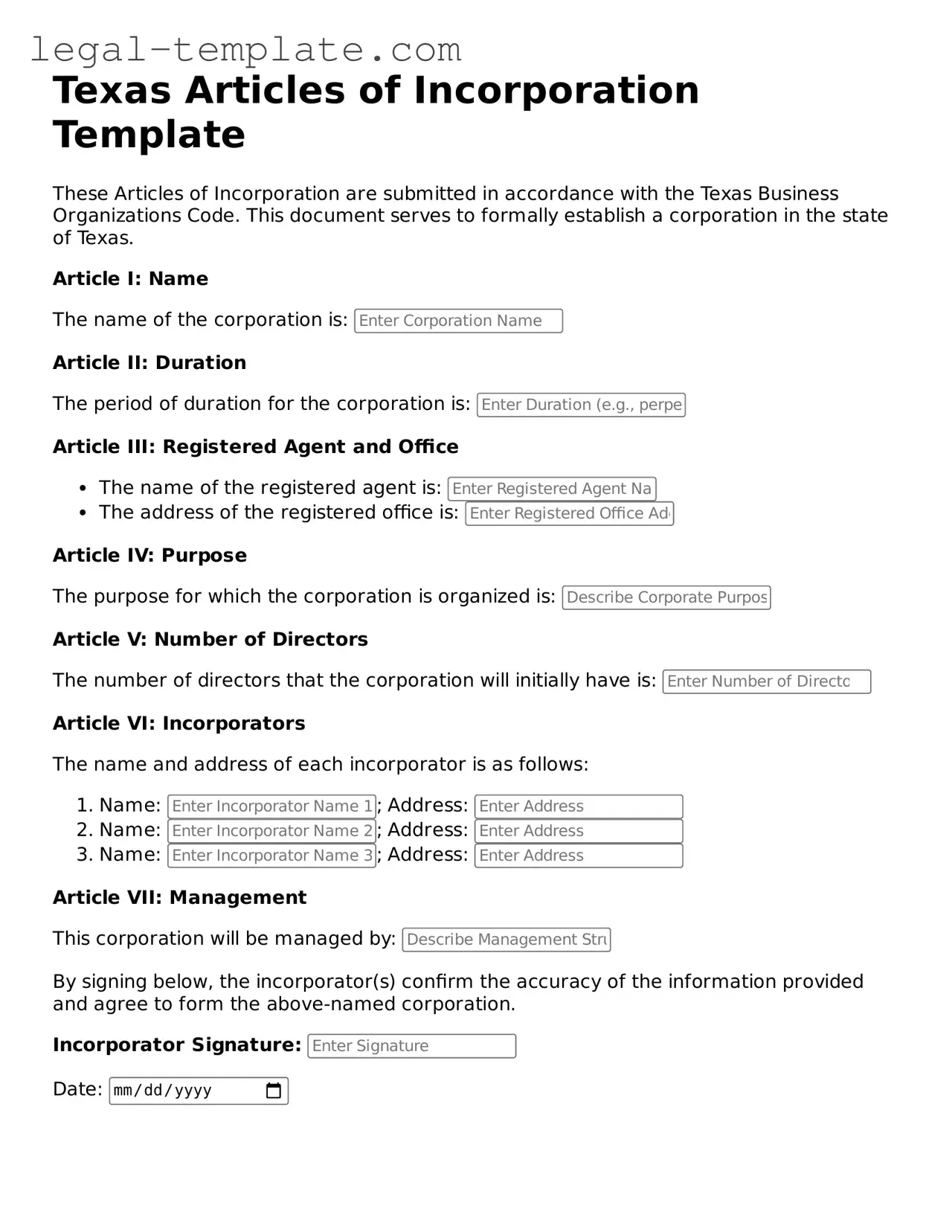 Articles of Incorporation Form for Texas State