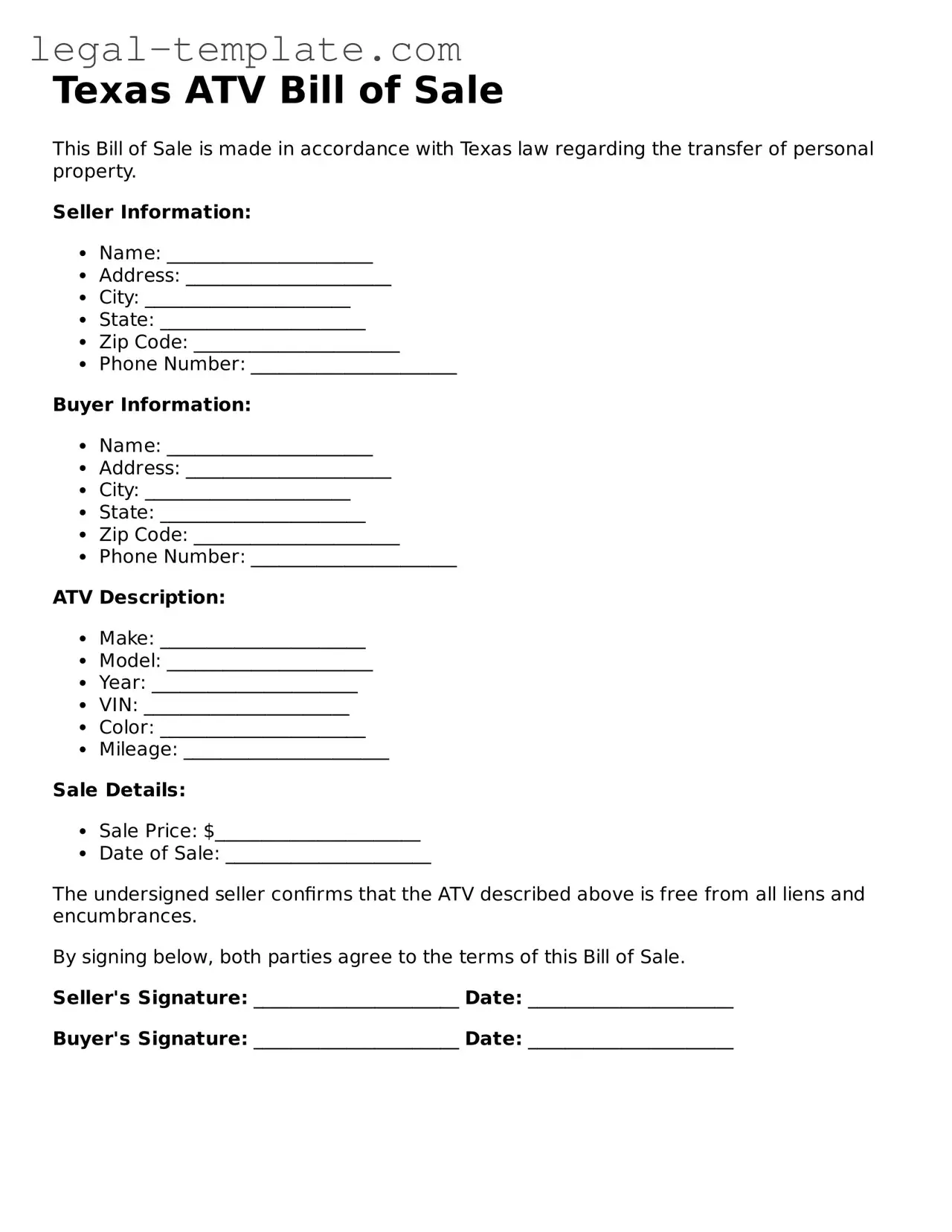 ATV Bill of Sale Form for Texas State
