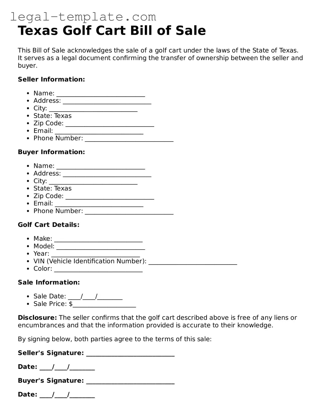 Golf Cart Bill of Sale Form for Texas State