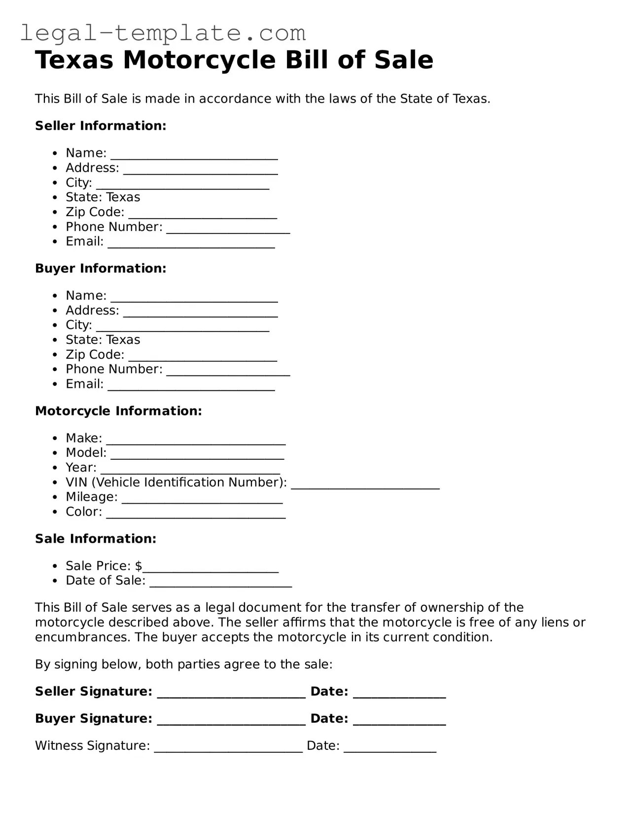 Motorcycle Bill of Sale Form for Texas State