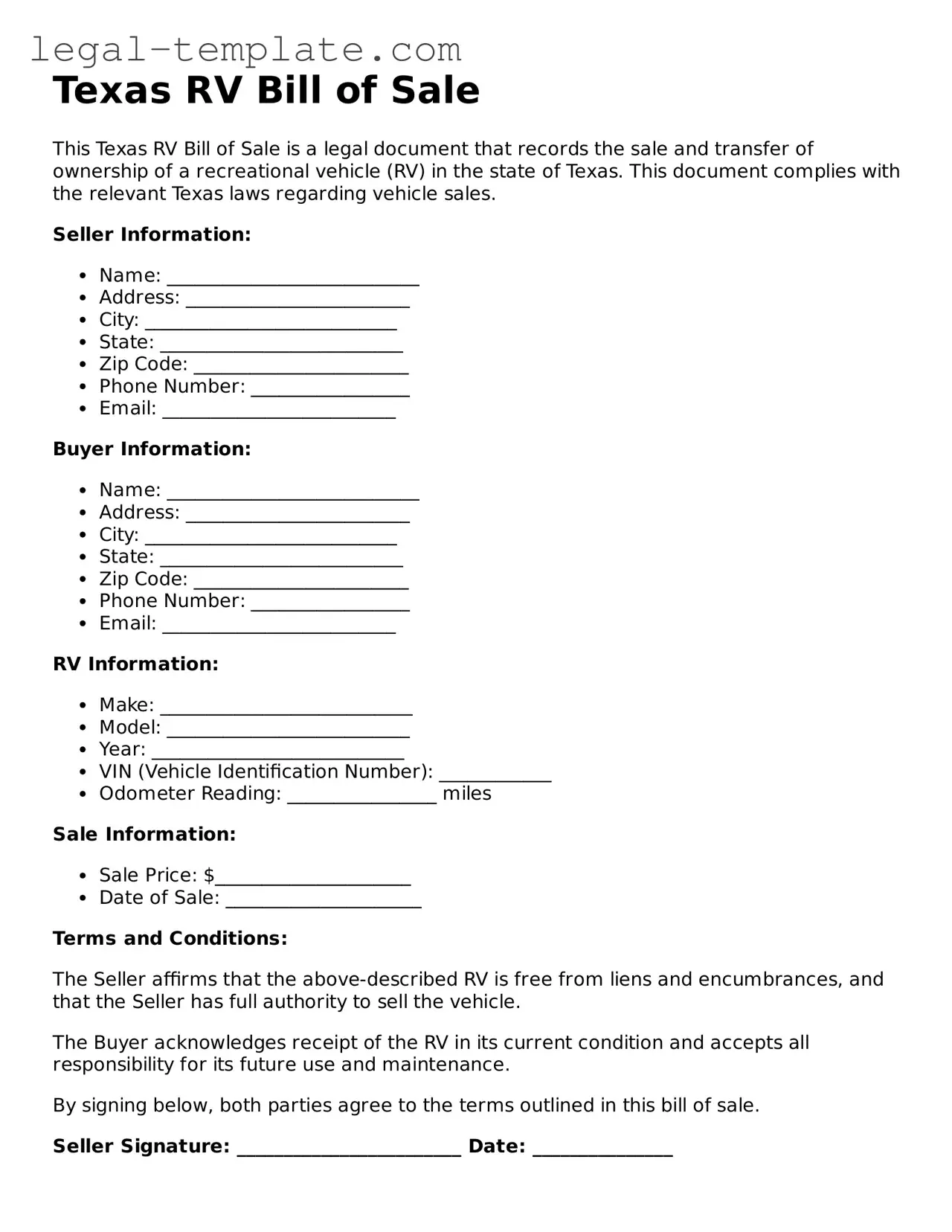 RV Bill of Sale Form for Texas State