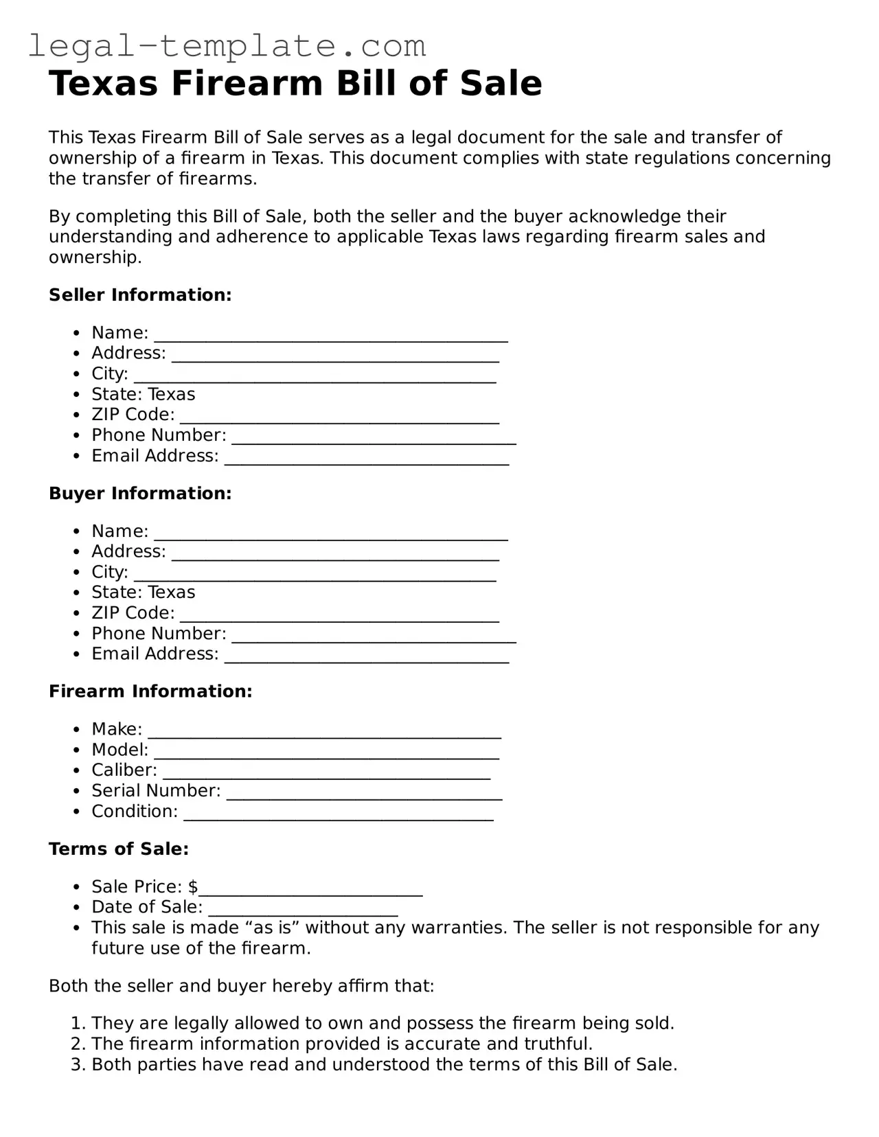 Firearm Bill of Sale Form for Texas State