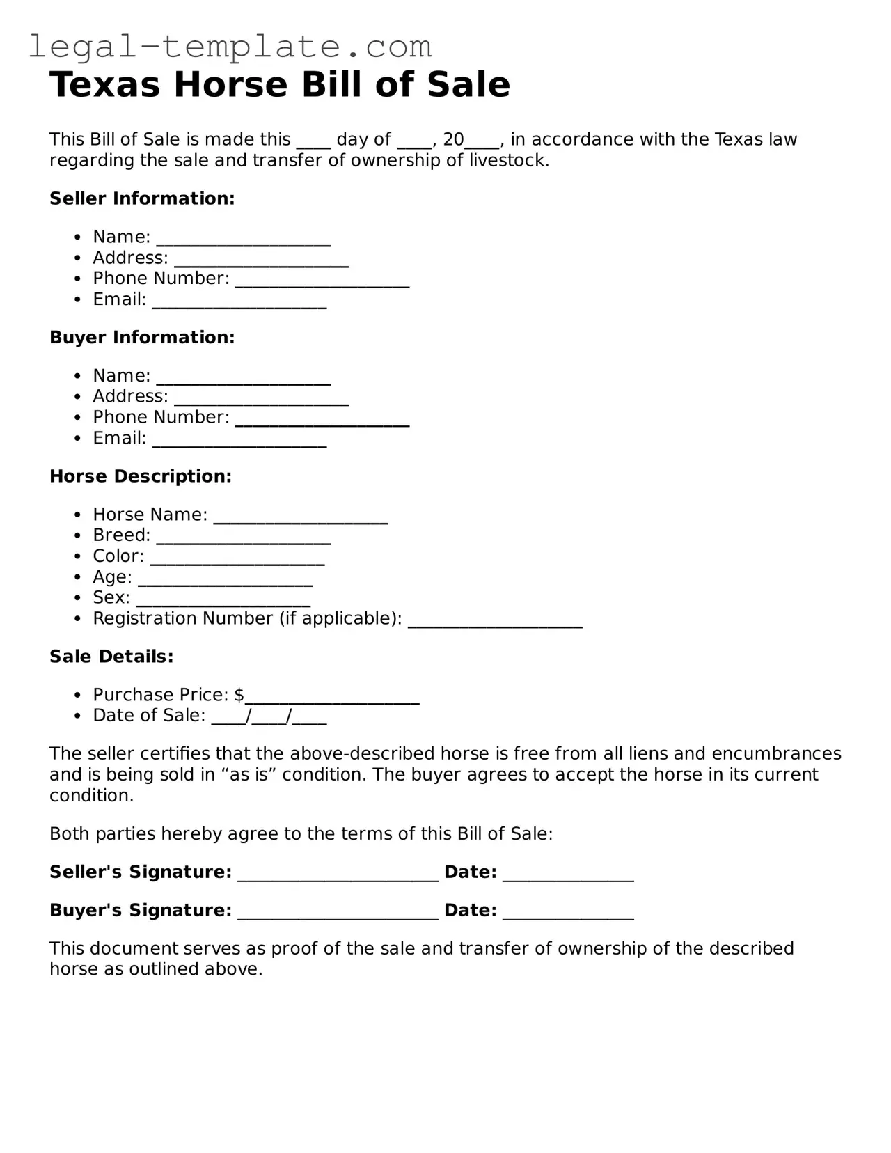 Horse Bill of Sale Form for Texas State