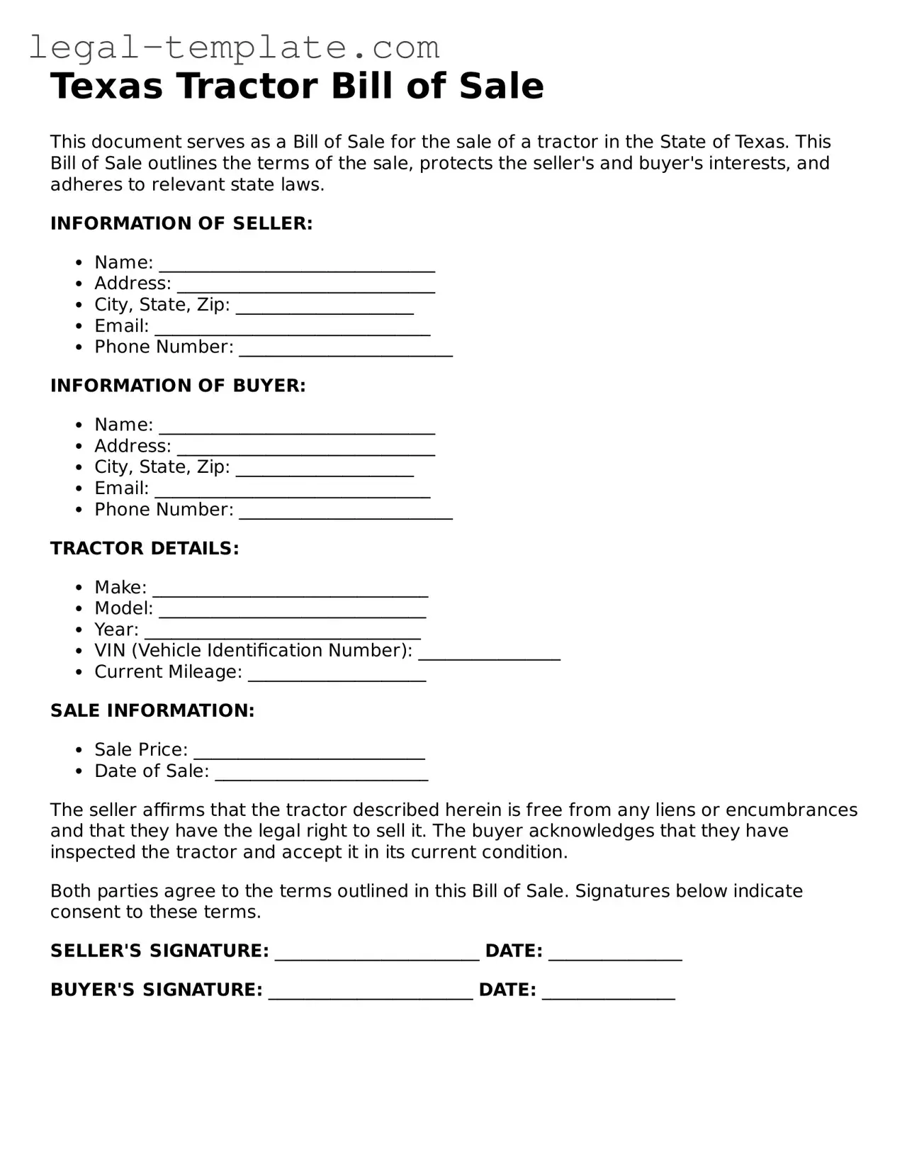 Tractor Bill of Sale Form for Texas State