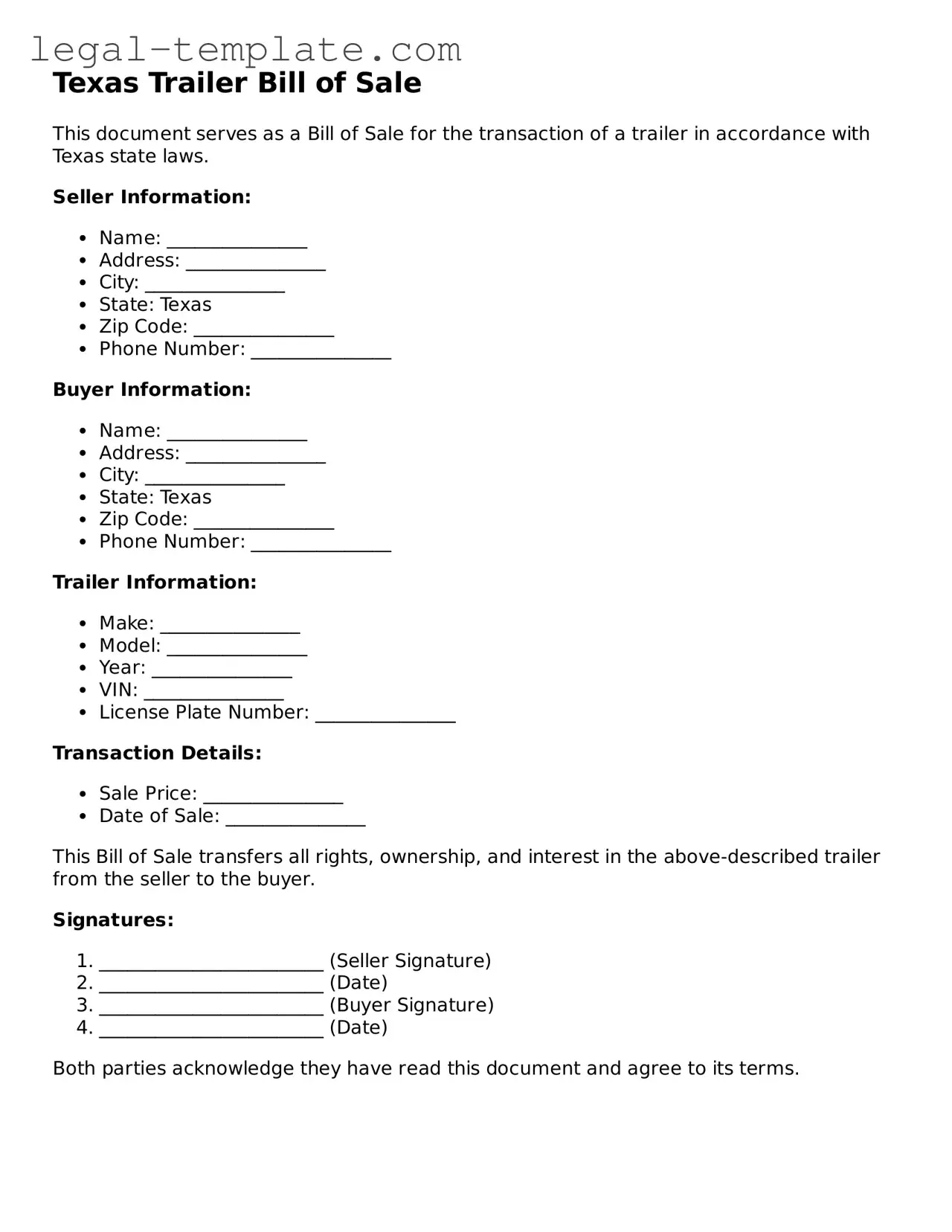 Trailer Bill of Sale Form for Texas State