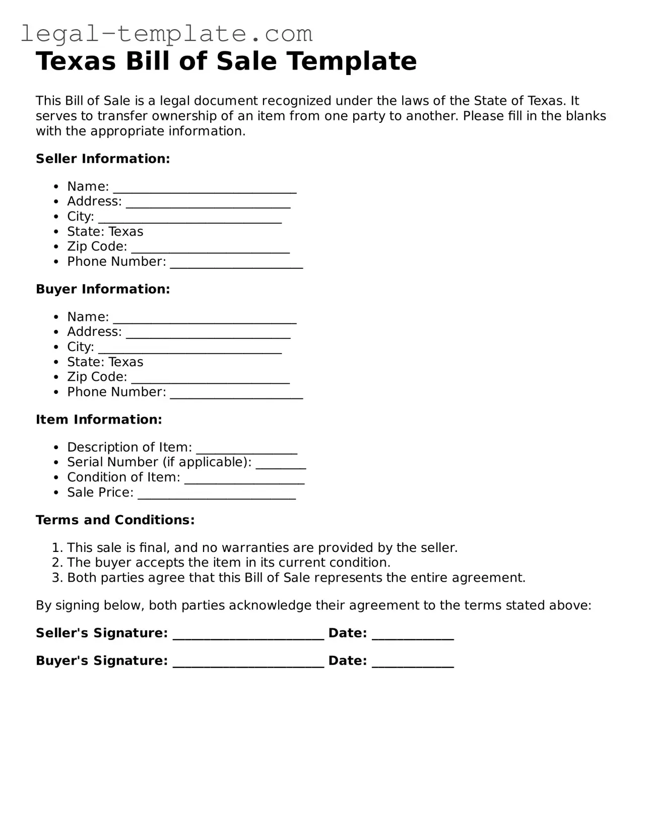 Bill of Sale Form for Texas State