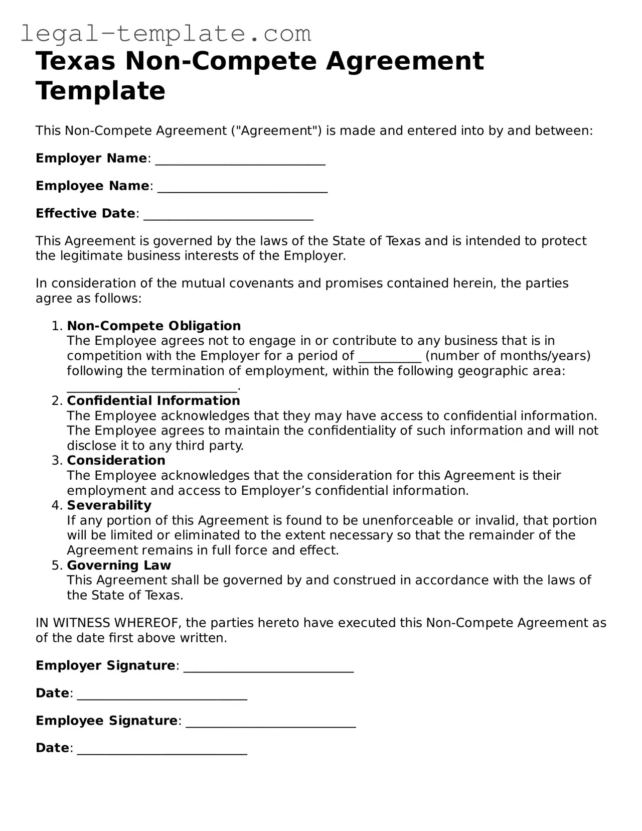 Non-compete Agreement Form for Texas State