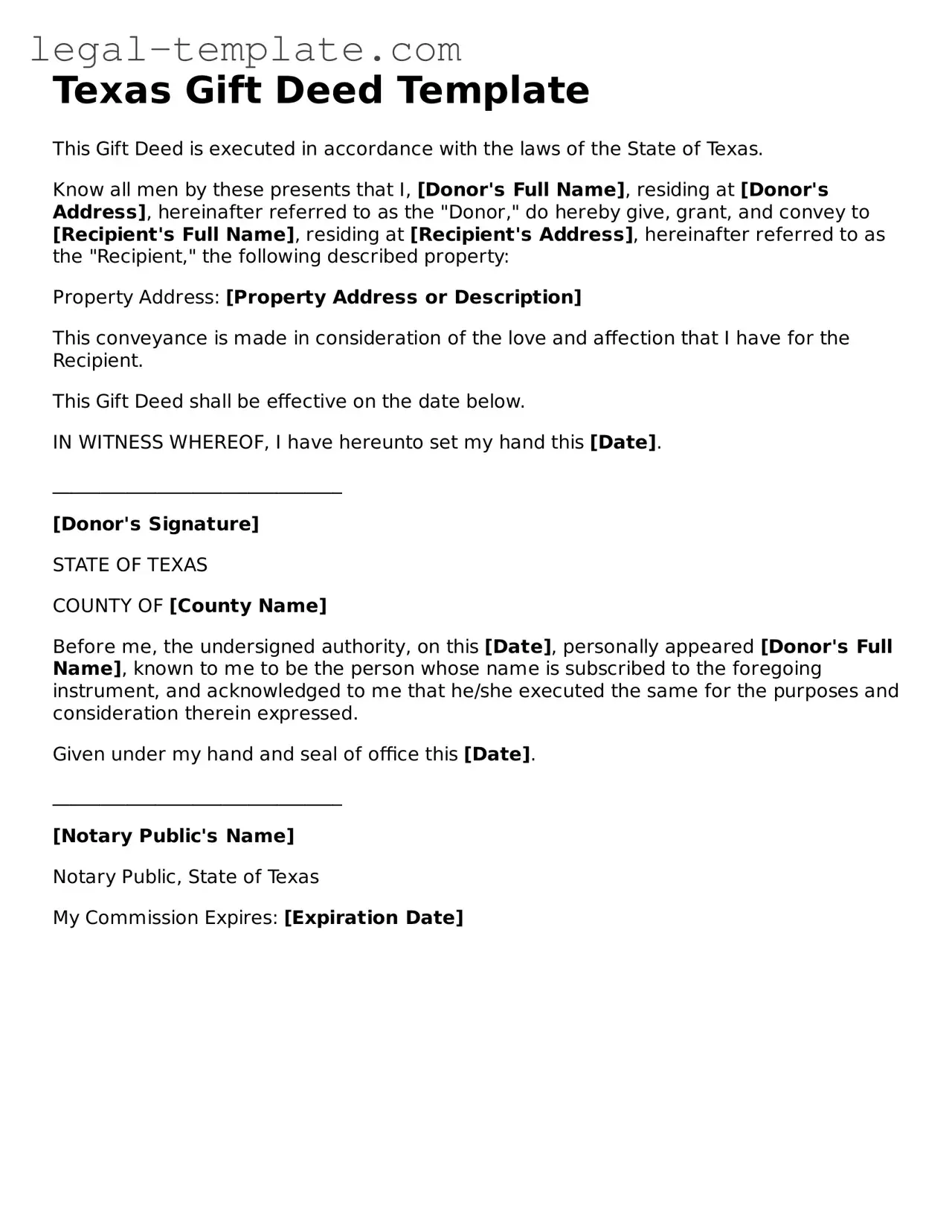 Gift Deed Form for Texas State