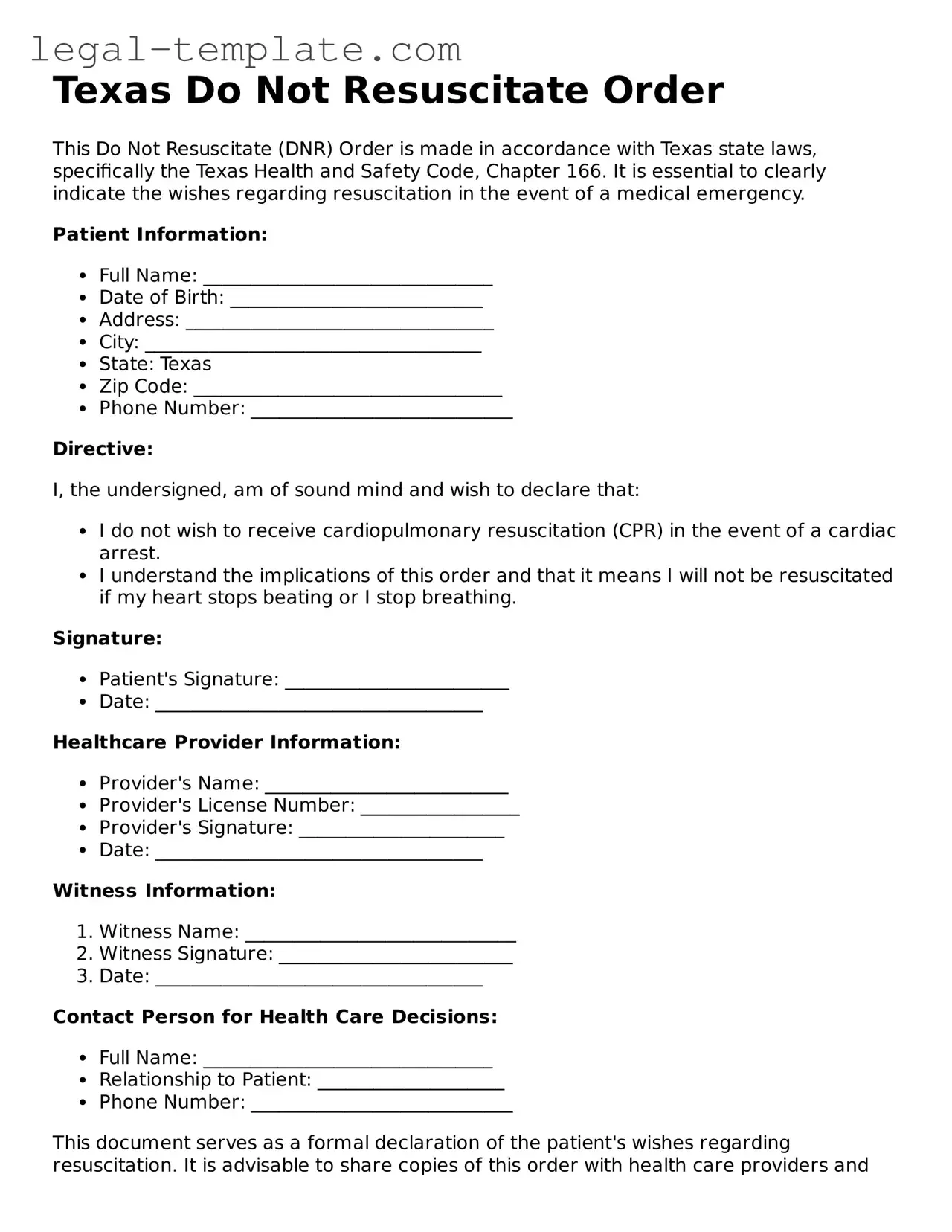 Do Not Resuscitate Order Form for Texas State