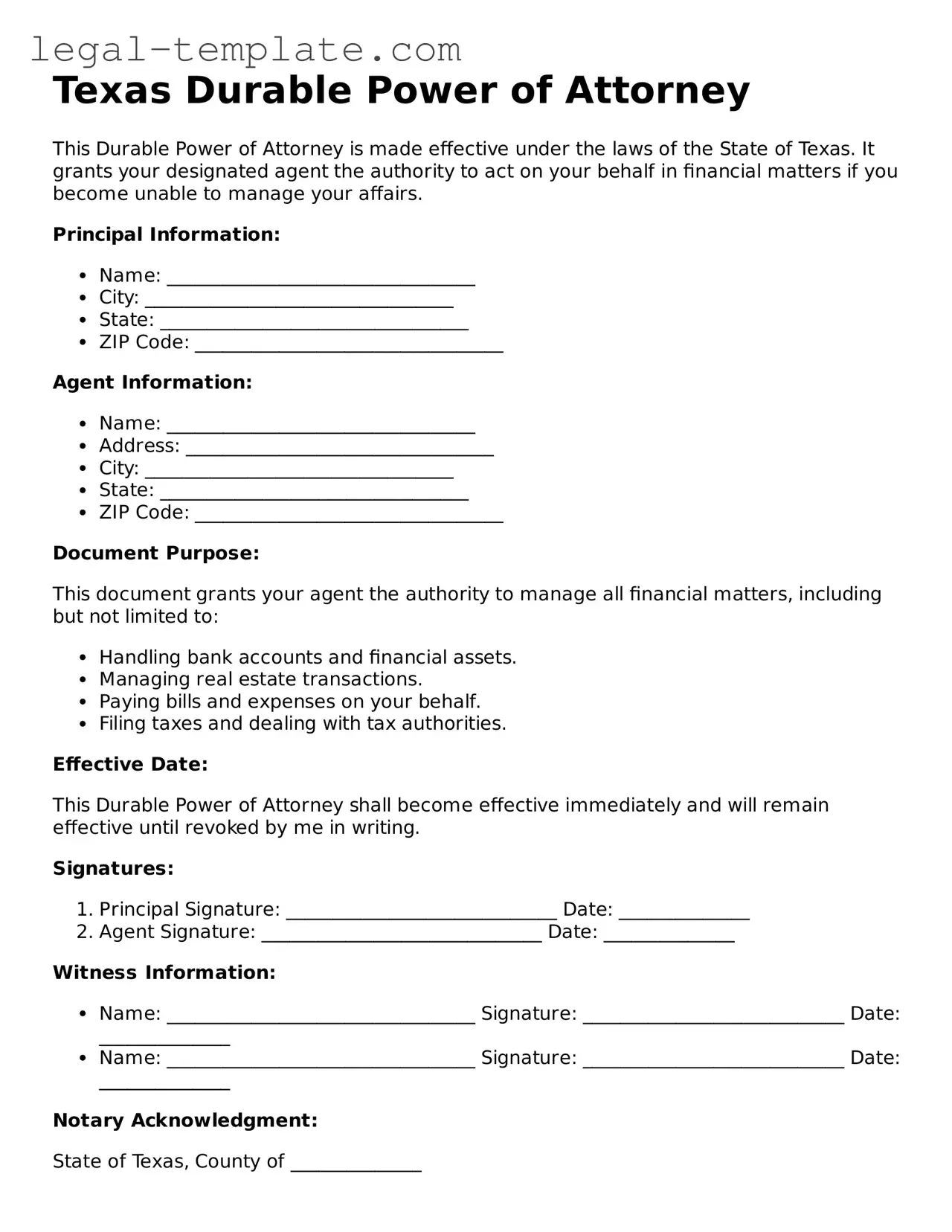 Durable Power of Attorney Form for Texas State