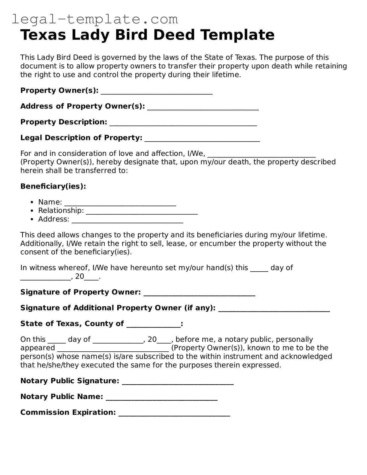 Lady Bird Deed Form for Texas State