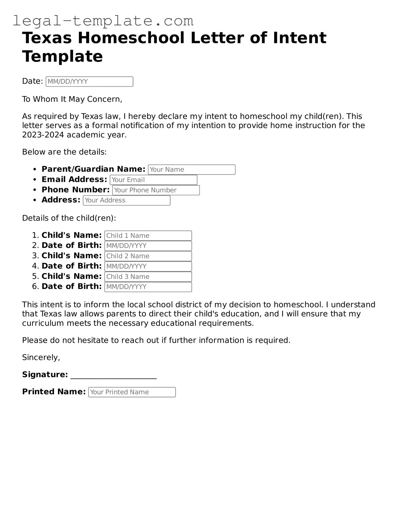 Homeschool Letter of Intent Form for Texas State