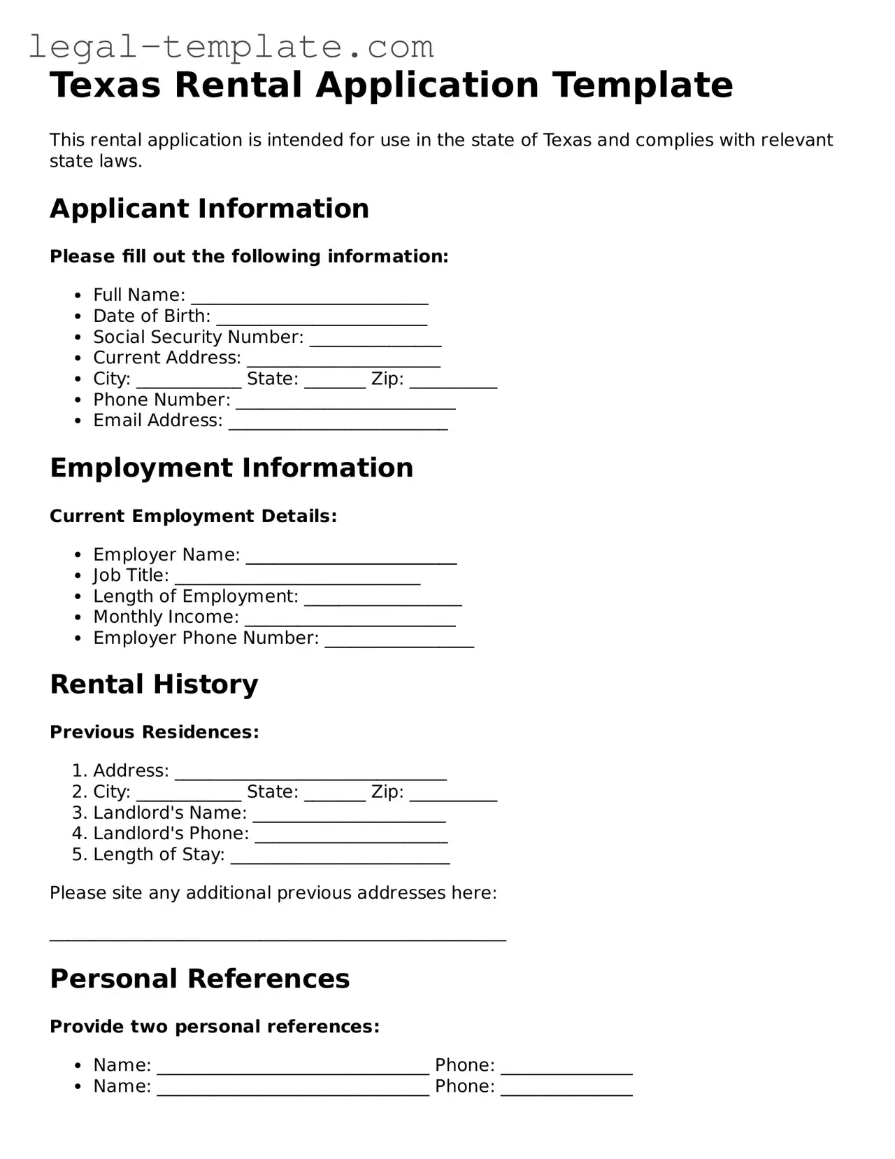 Rental Application Form for Texas State