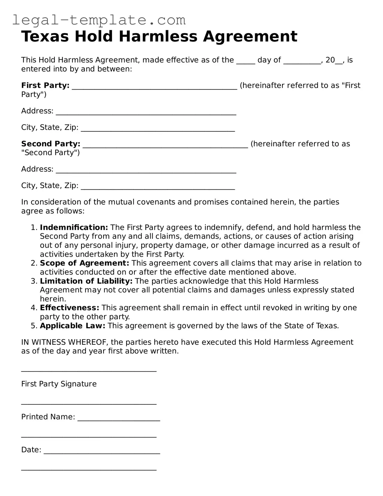 Hold Harmless Agreement Form for Texas State