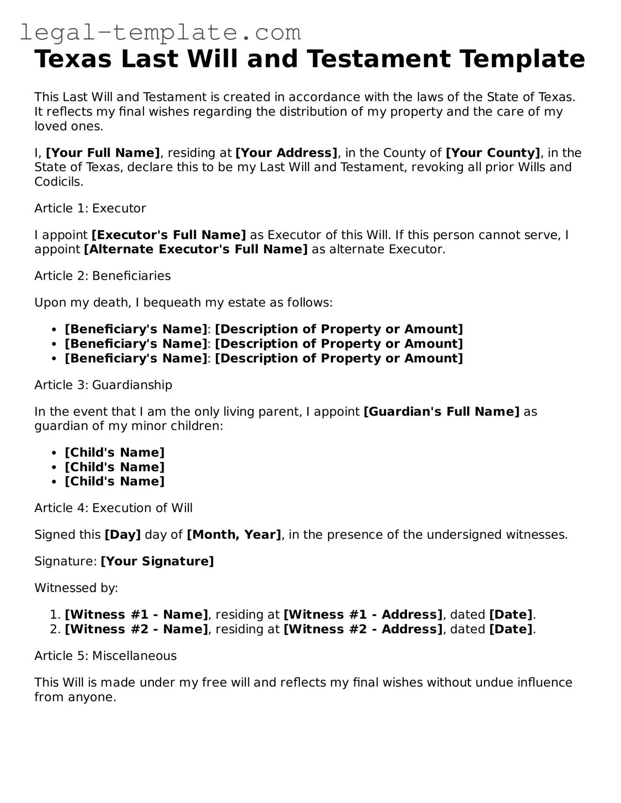 Last Will and Testament Form for Texas State
