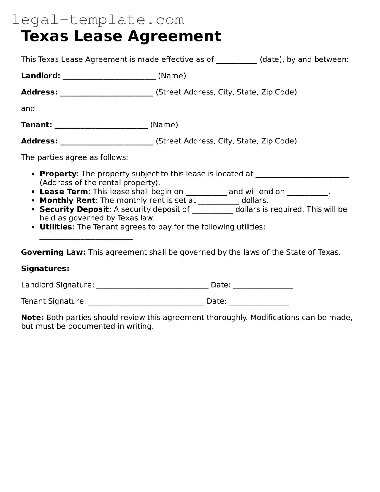 Lease Agreement Form for Texas State