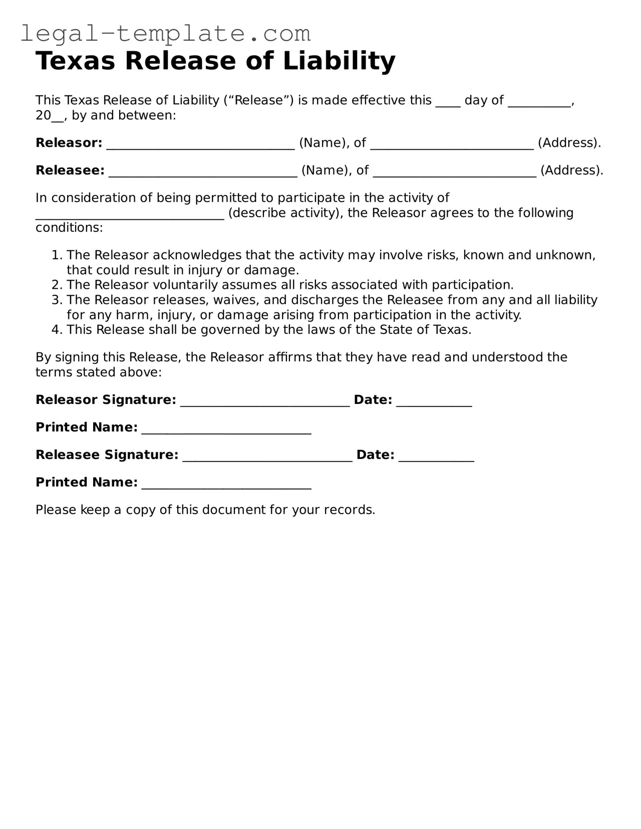Release of Liability Form for Texas State