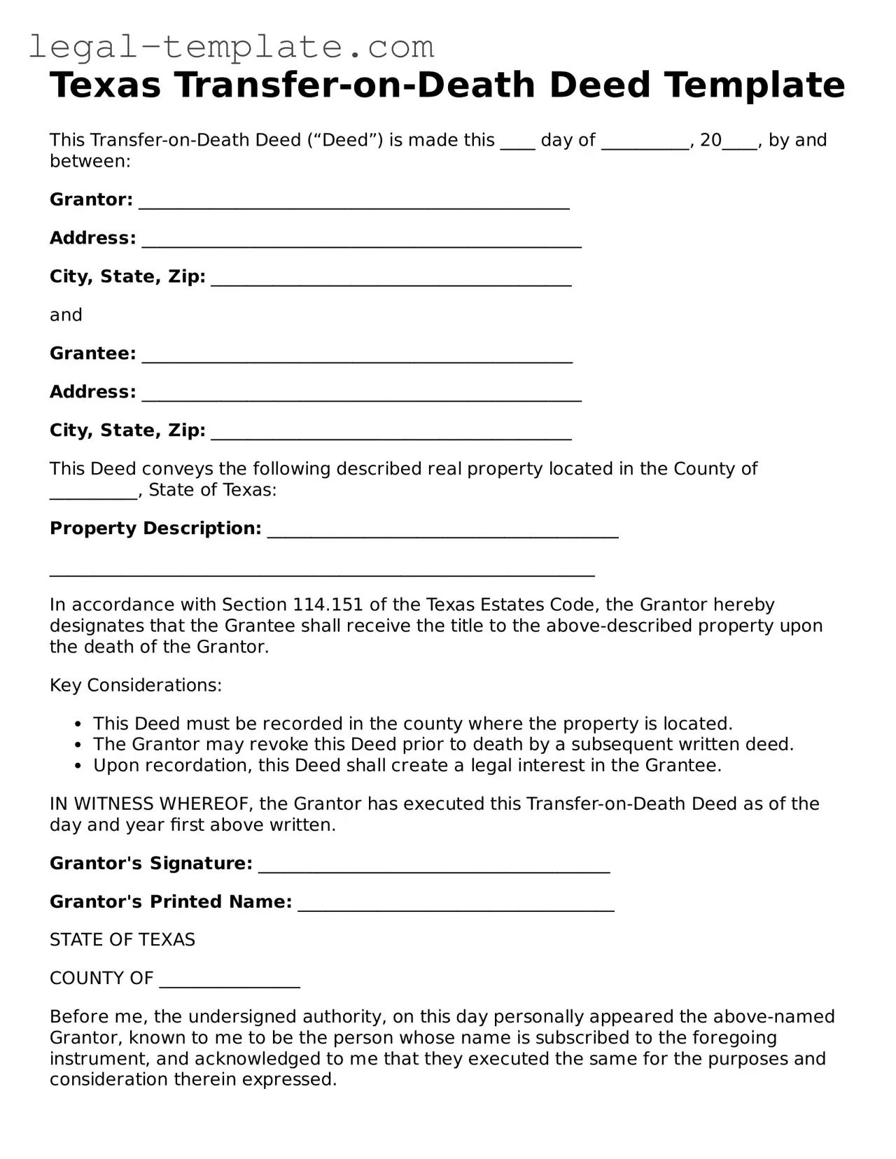 Transfer-on-Death Deed Form for Texas State
