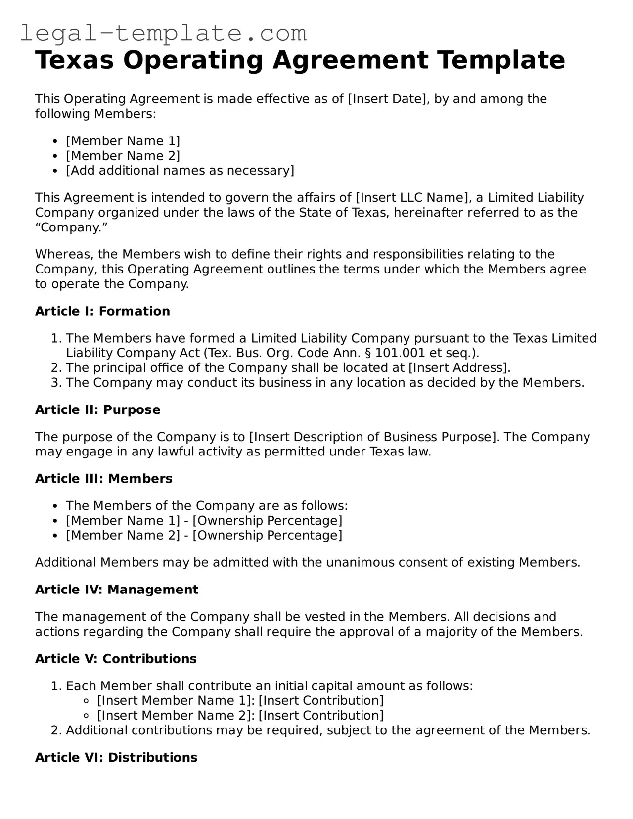 Operating Agreement Form for Texas State