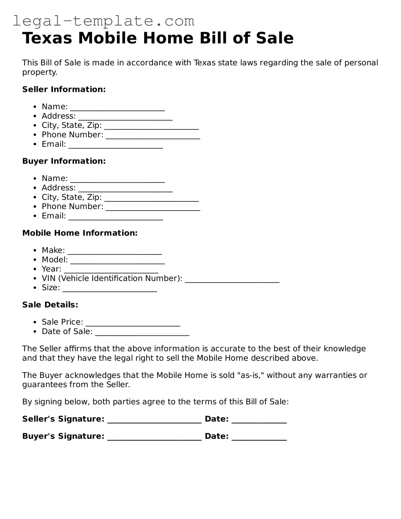 Mobile Home Bill of Sale Form for Texas State