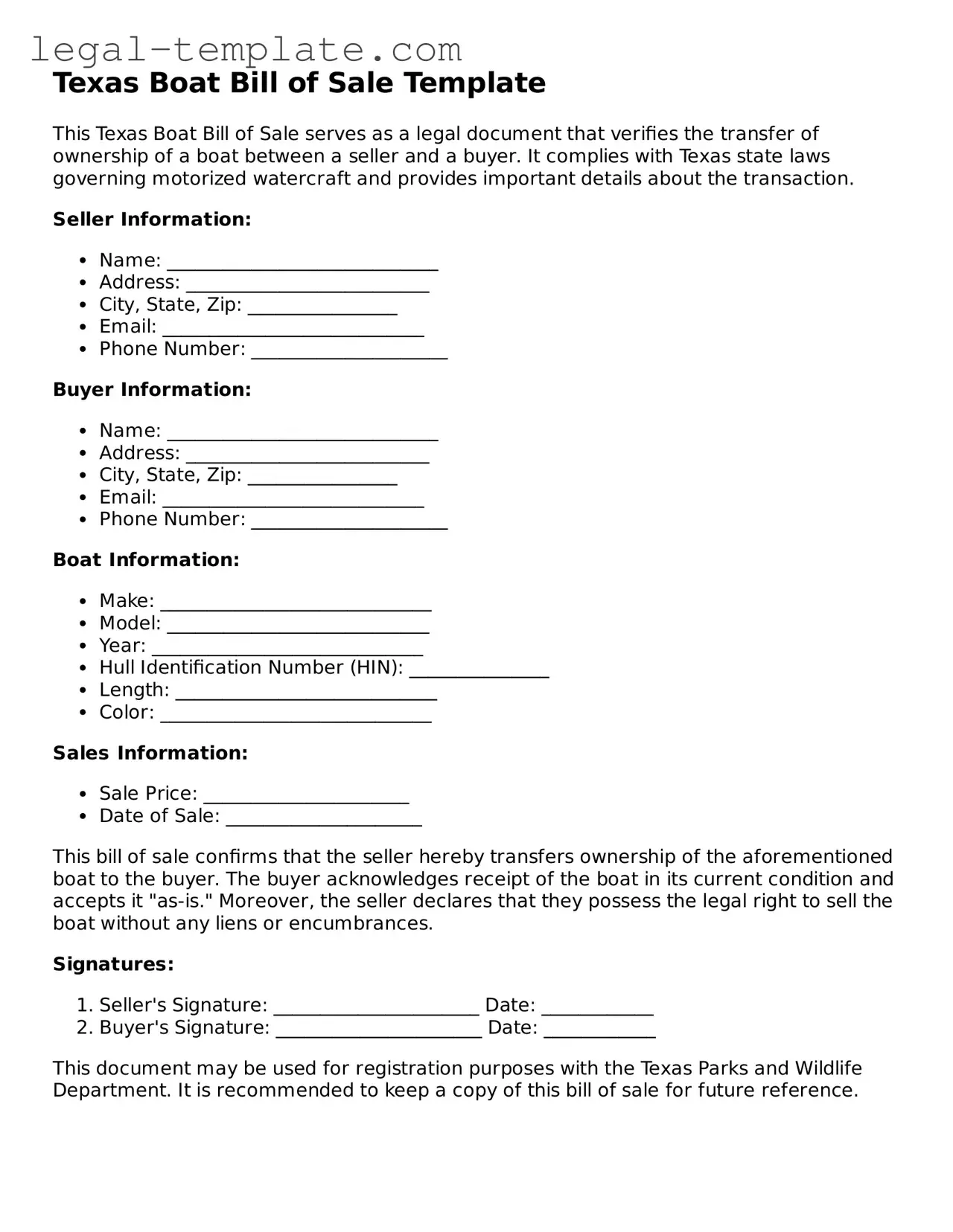 Boat Bill of Sale Form for Texas State