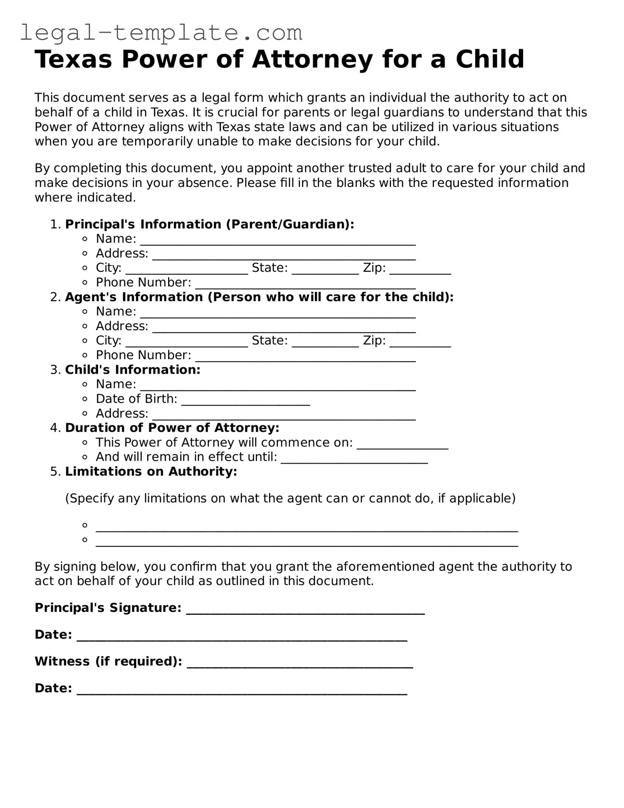 Power of Attorney for a Child Form for Texas State