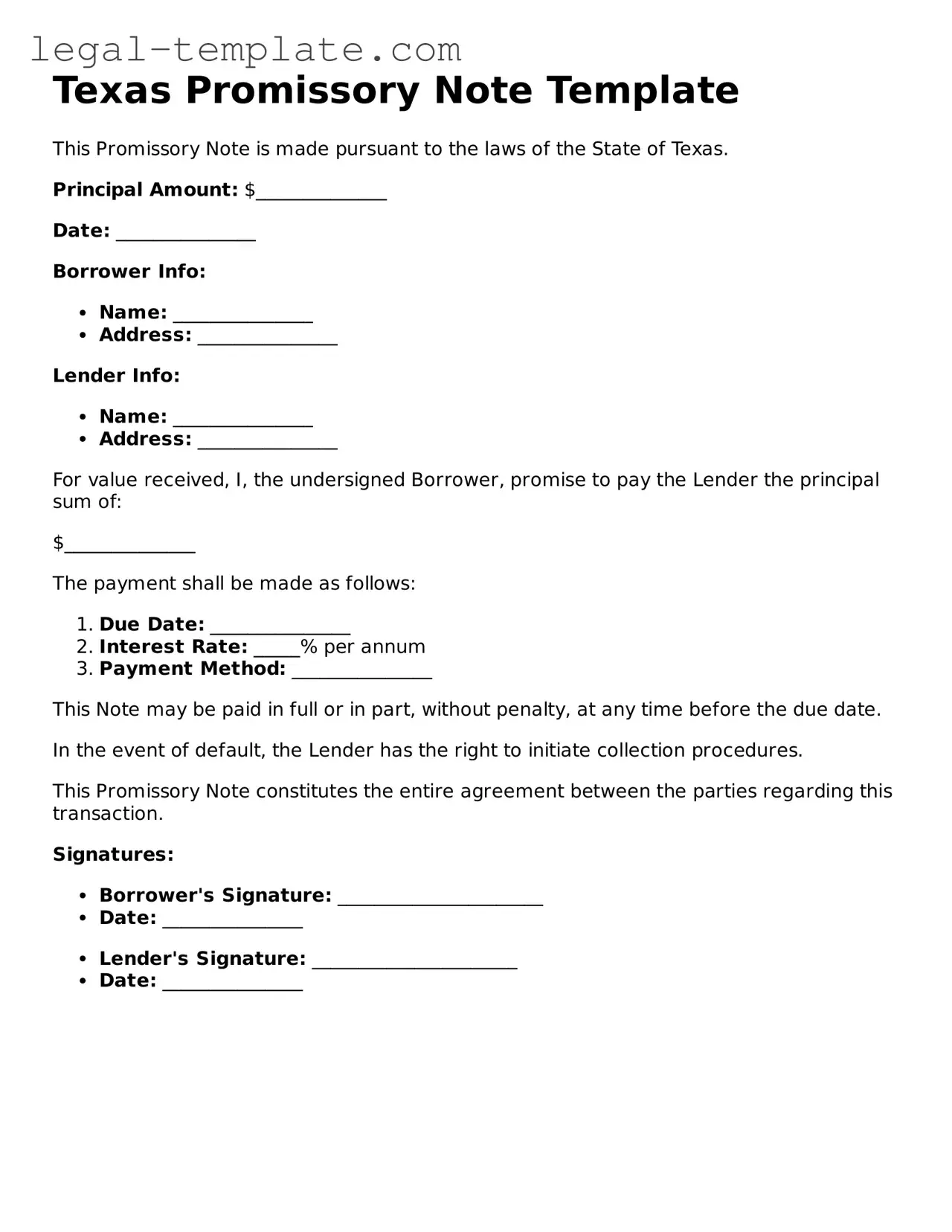 Promissory Note Form for Texas State
