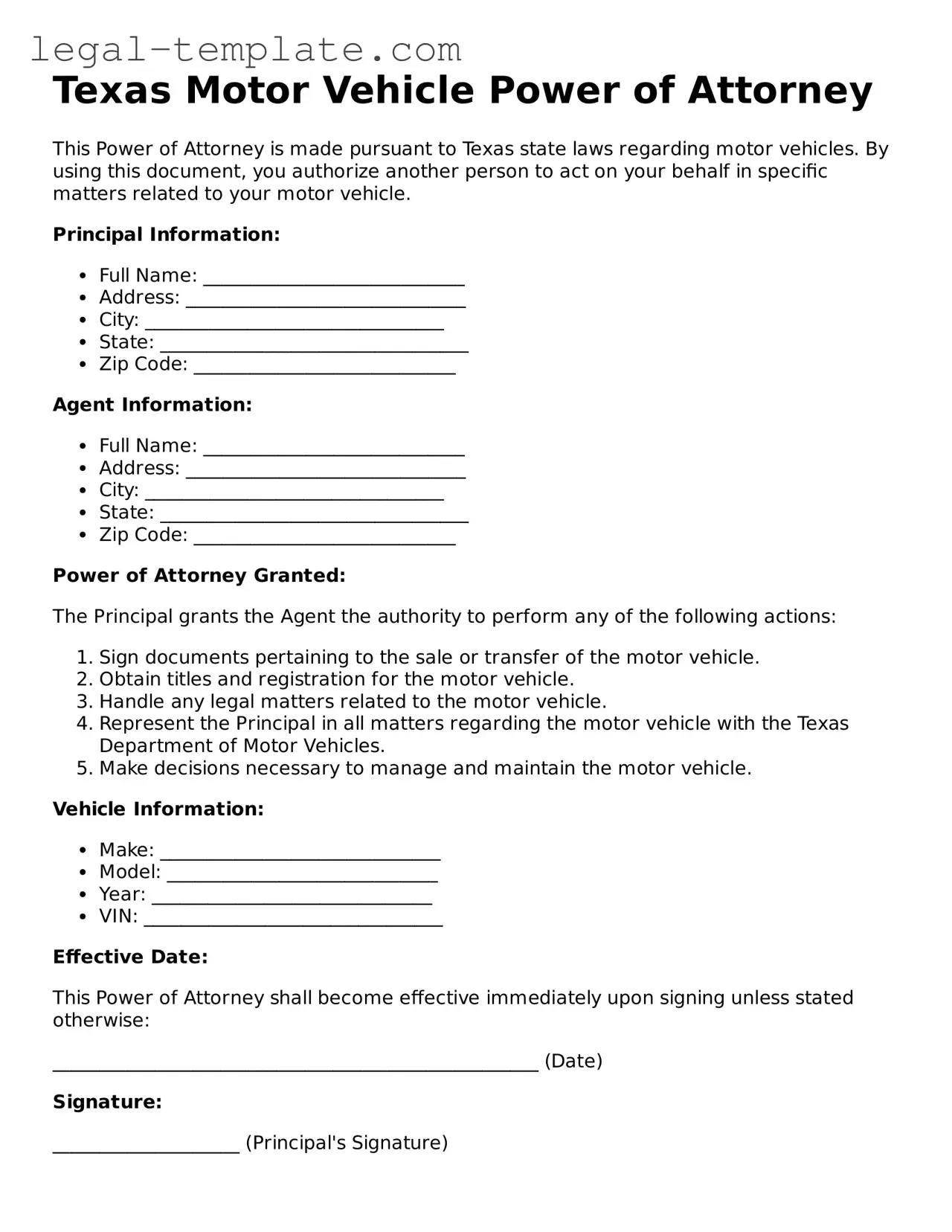 Motor Vehicle Power of Attorney Form for Texas State