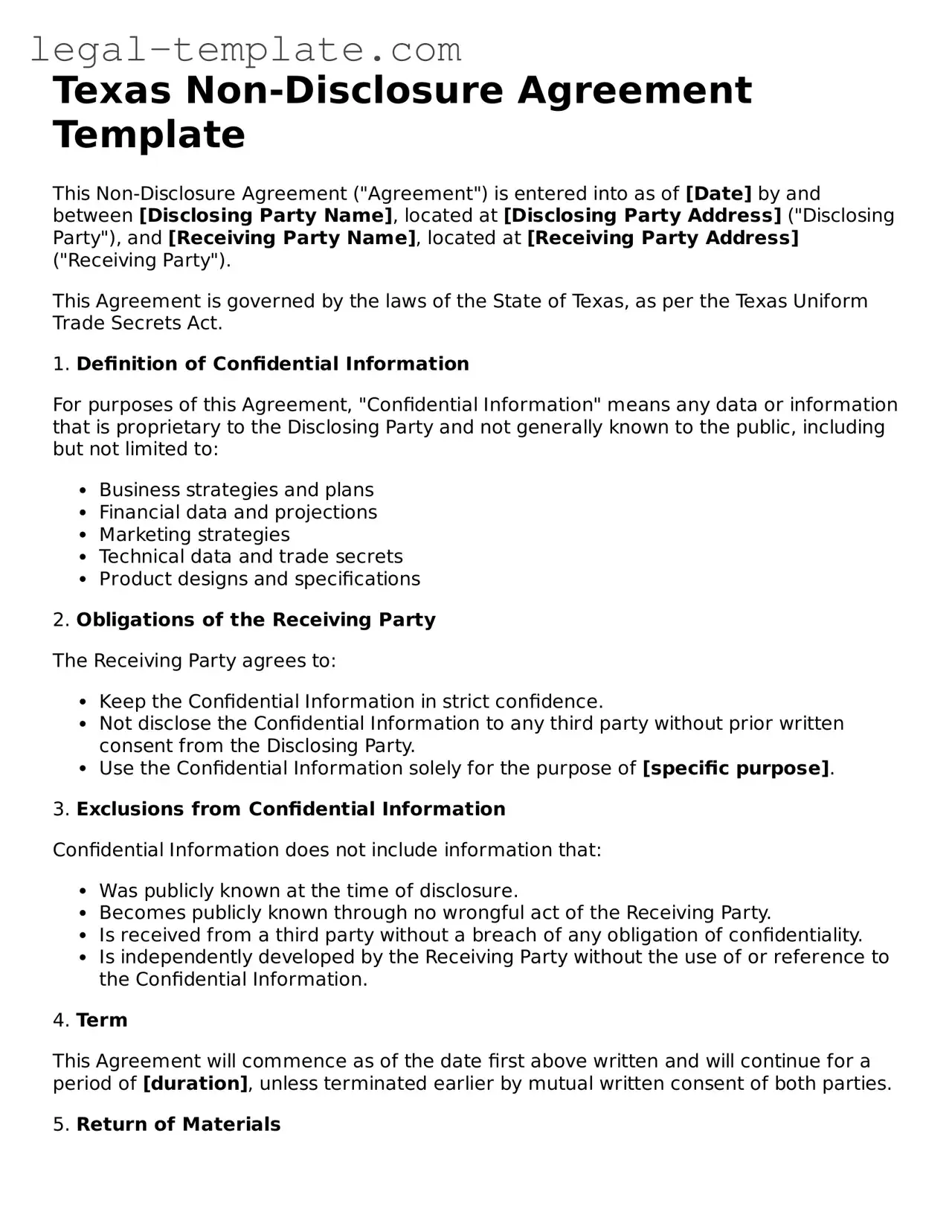 Non-disclosure Agreement Form for Texas State